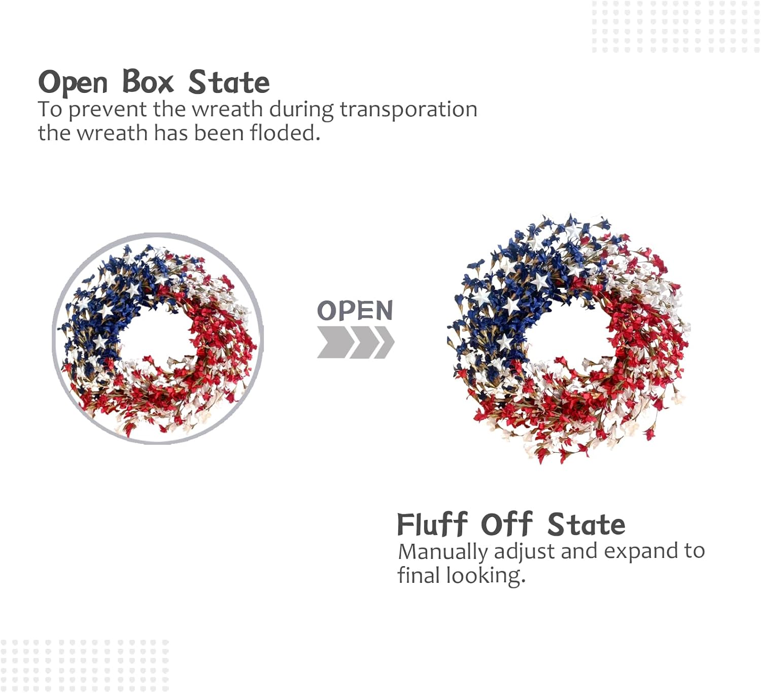 TEMPUS 20-inch Patriotic Wreath Independence Day Red, White and Blue Spring Flower Wreath with Pentagram for Front Door, Memorial Day Flag Day Veterans Day