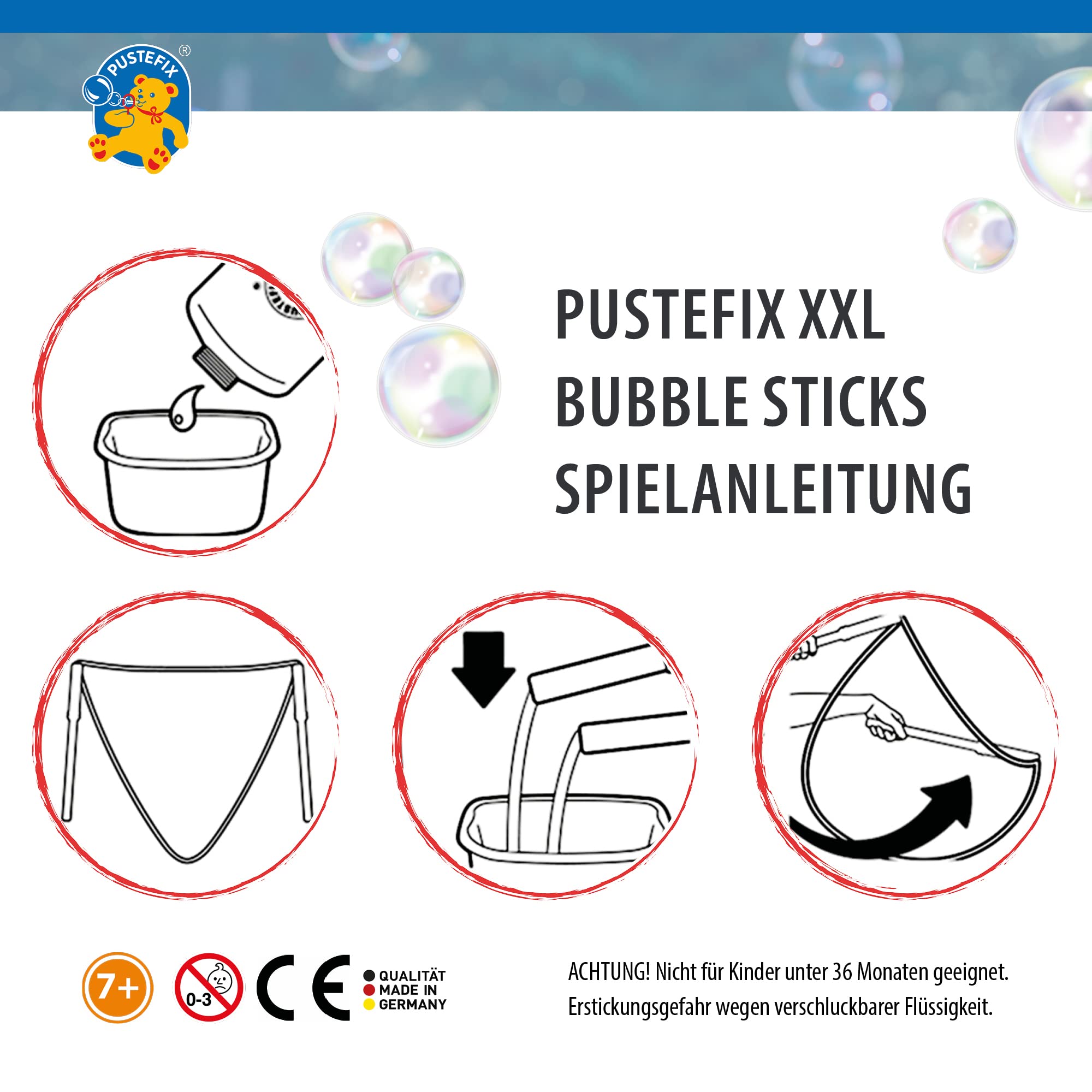 PUSTEFIX XXL-Bubbles + Nachfüllkanister 2,5 Liter I Seifenblasenwasser und Zubehör I Bunte Seifenblasen Made in Germany I Für Hochzeit, Kindergeburtstag, Standesamt I Riesen-Seifenblasen