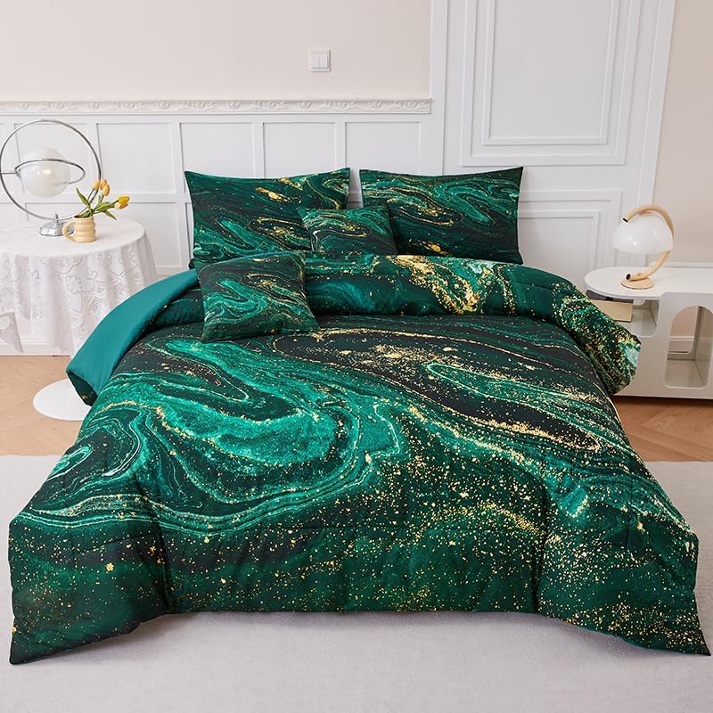 Helloosuu Gold and Green Comforter Set Queen,7Pcs Green