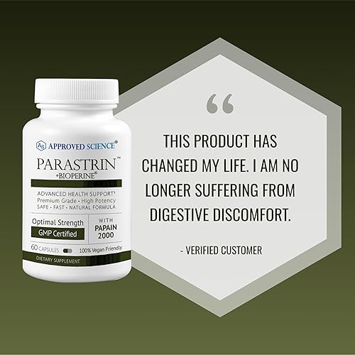 Miniatura 6 de Approved Science Parastrin - 120 Cápsulas - Limpia y mejora la salud intestinal - Nuez negra, bulbo de ajo, papaína 2000, BioPerine - Vegano