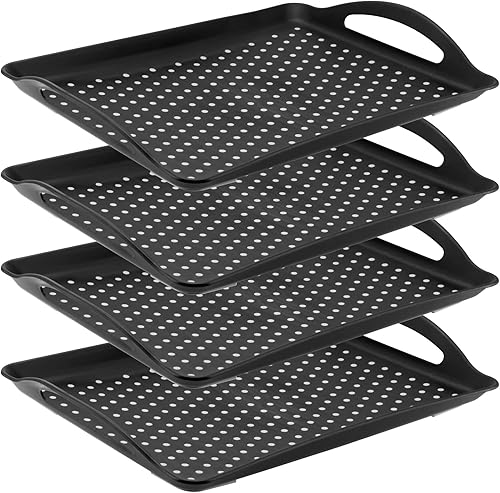 Paquete de 4 bandejas antideslizantes para servir alimentos con asas, bandeja rectangular de plástico de 16.5 x 11.4 x 1.57 pulgadas, bandeja negra