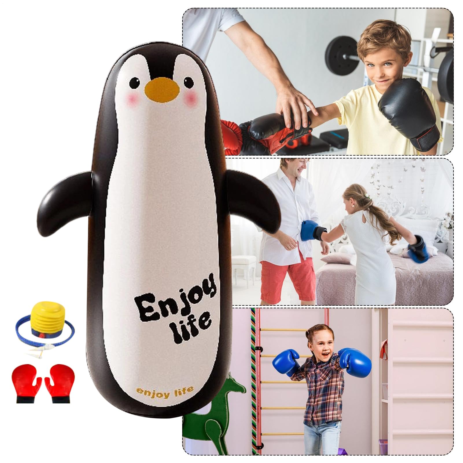 Sacco da boxe gonfiabile per bambini, 120 cm, con guanti e pompa, sacco gonfiabile per bambini, per allenamento, esercizio, sport, interni ed esterni, intrattenimento, palestra