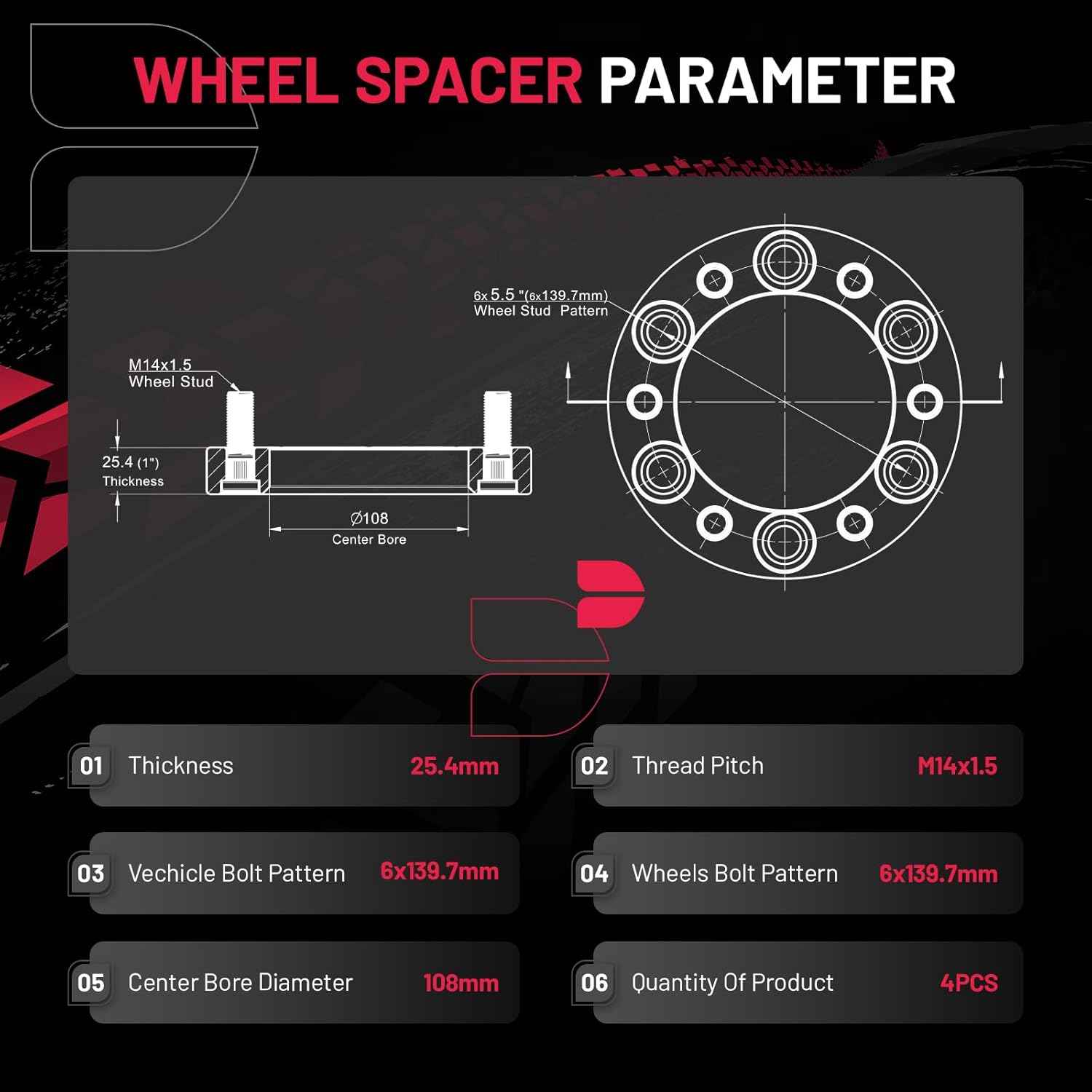 BDFHYK 6x5.5 Wheel Spacers Thickness 1 Inch Compatible with Chevy 1999-2022 Silverado Suburban Tahoe GMC Sierra 1500 Yukon K1500, 6x139.7mm 6 Lug M14x1.5 Studs & 108mm Hub Bore, Set of 4 No Lip - Image 3