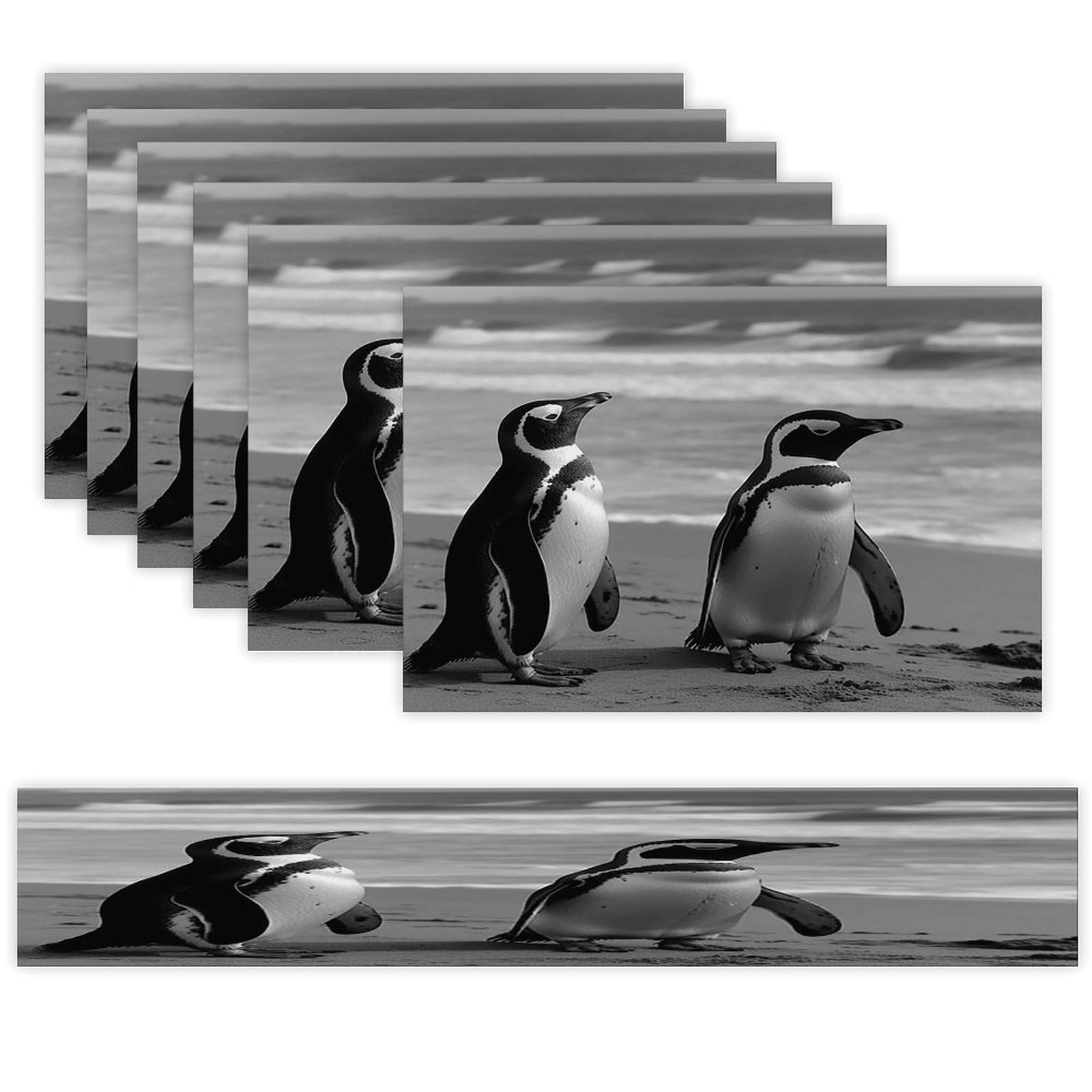 Penguin Standing on The Beach Table Runner and Placemats of 6 Washable Heat Resistant Place Mats with Table Runner Vintage Holiday Table Mat Set for Holiday Party Kitchen Dining Deco