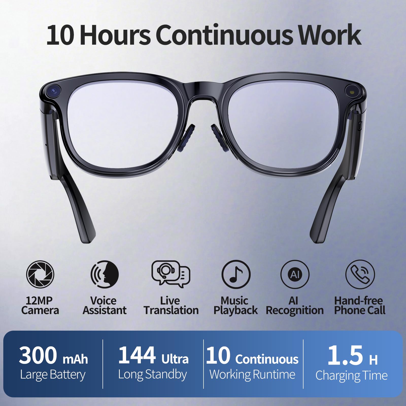 Lunettes intelligentes AI avec caméra 4K, lunettes Bluetooth anti-secousses de 8 MPW, enregistrement vidéo 1080p, réduction du bruit, traduction en temps réel et interprétation simultanée