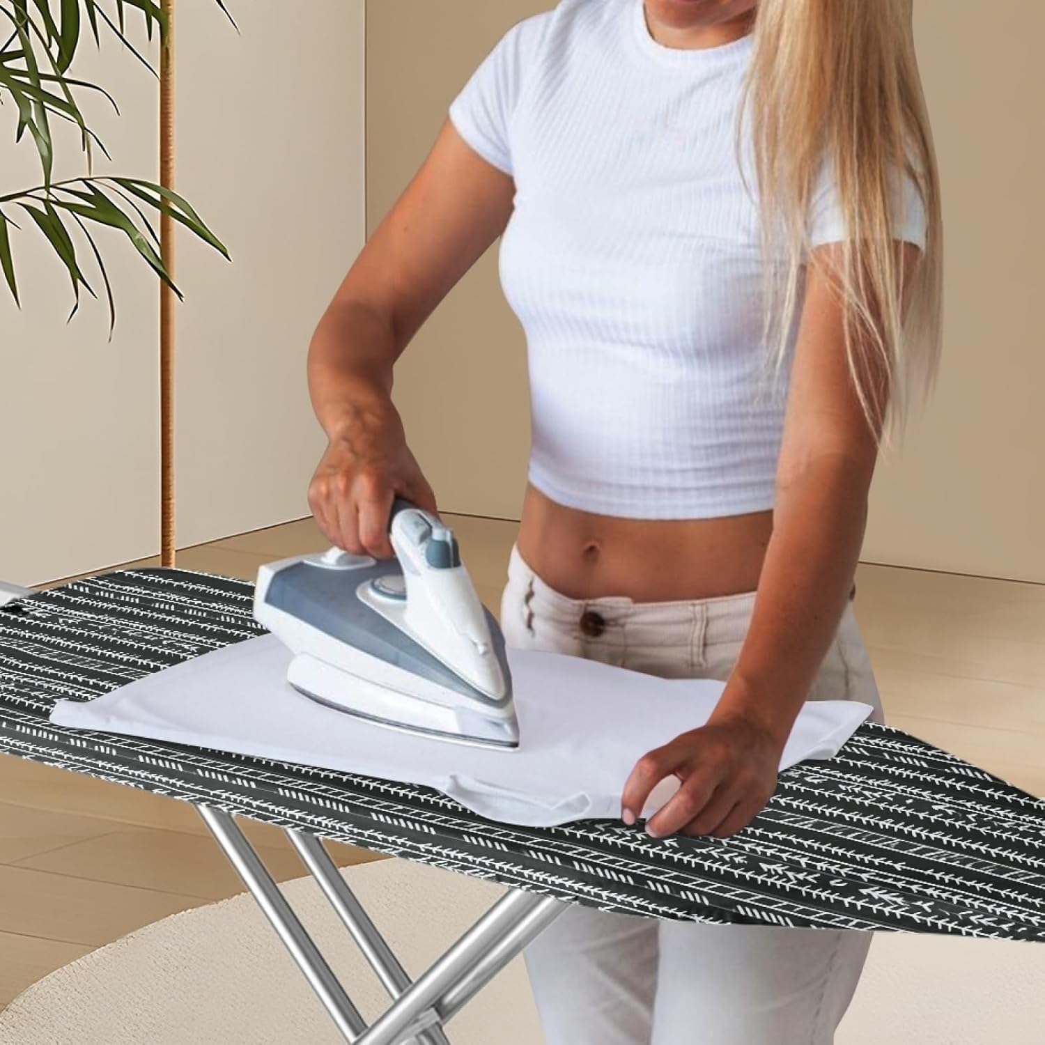 Large Ironing Board Cover and Pad 59x19 Dark Gray Line Grid Iron Table Cover with Padding,Extra Wide,Resist Scorching and Staining,Heatproof,Adjustable Fastener Durable Stain