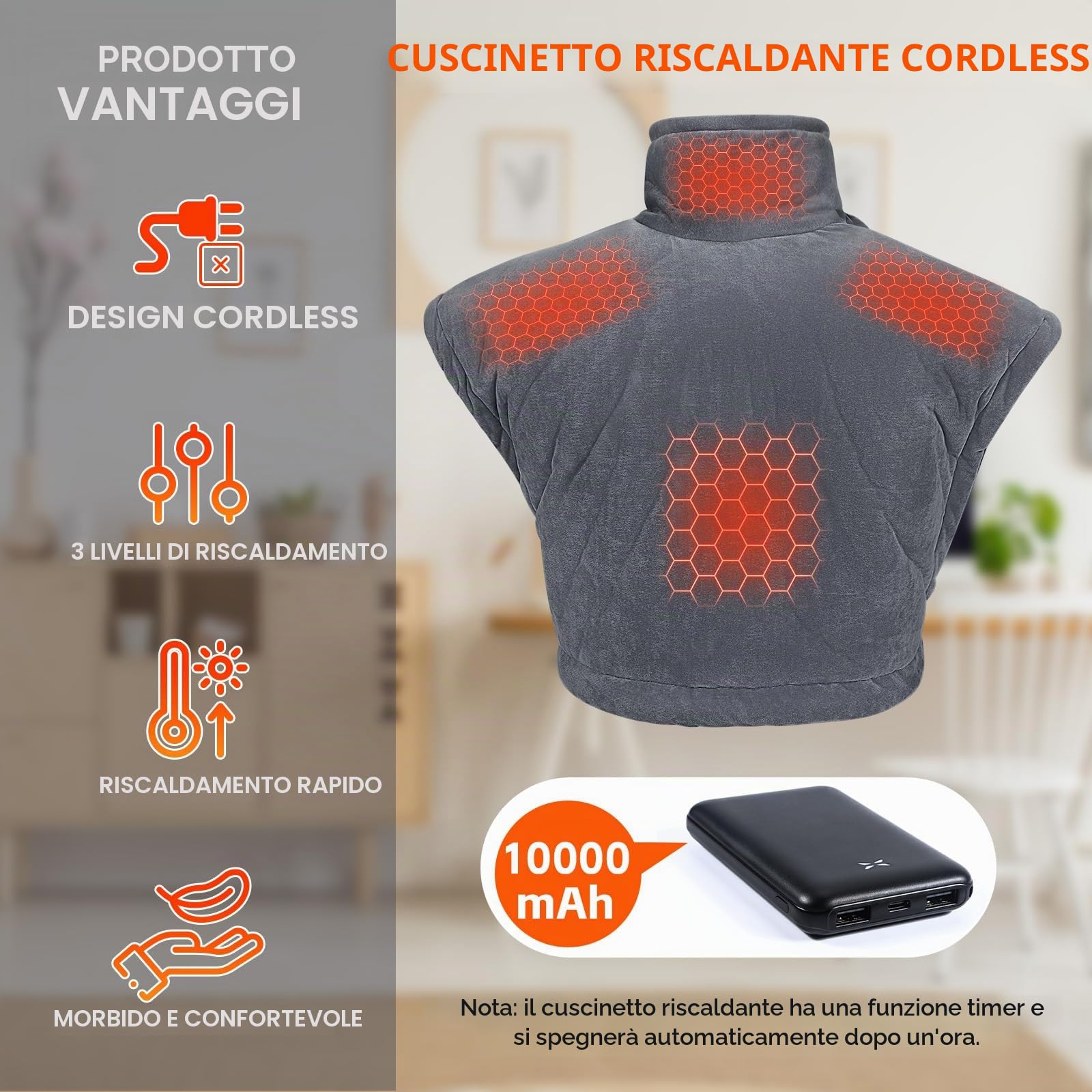 Grafene Cuscino Termico Elettrico per Collo e Spalle con Batteria da 10000mAh, Cuscinetto Riscaldante Collo con 3 Livelli di Temperatura, Termoforo Elettrico con Spegnimento Automatico