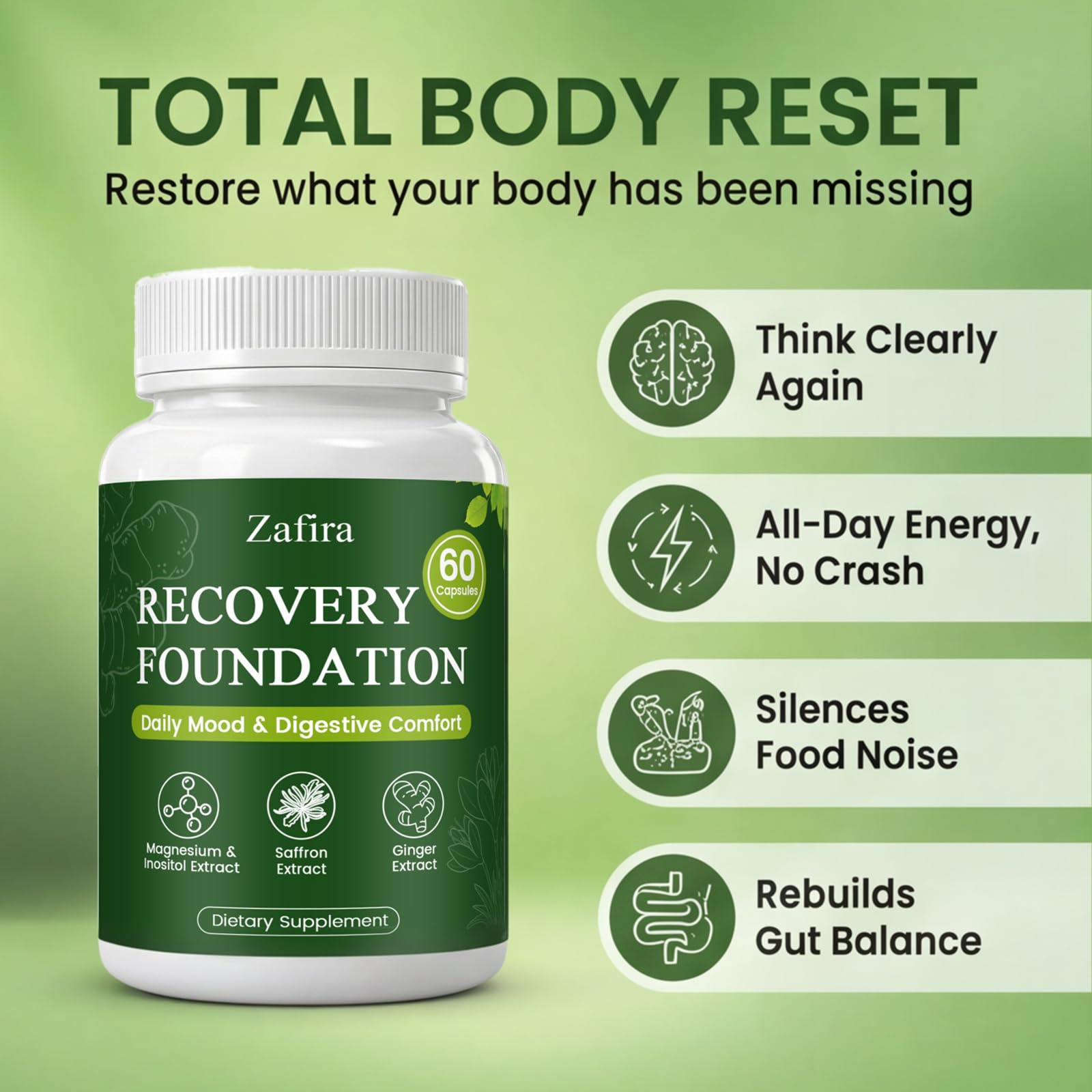Zafira Recovery Foundation Capsules with Saffron Extract, Myo-Inositol, Magnesium & Ginger Extract for Mood Support, Energy & Focus, Digestive Comfort,120 Capsules — Amazon image 2
