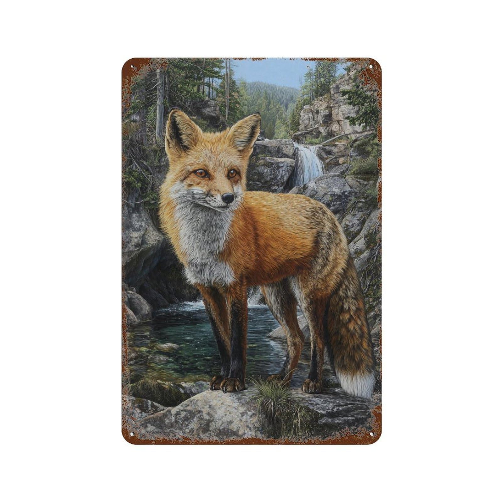 Rust Effect Fox in Forest with Waterfall Rusty Metal Tin Sign 11.8"x7.9", Industrial Home Decor for Living Room, Hallway And Home Decor