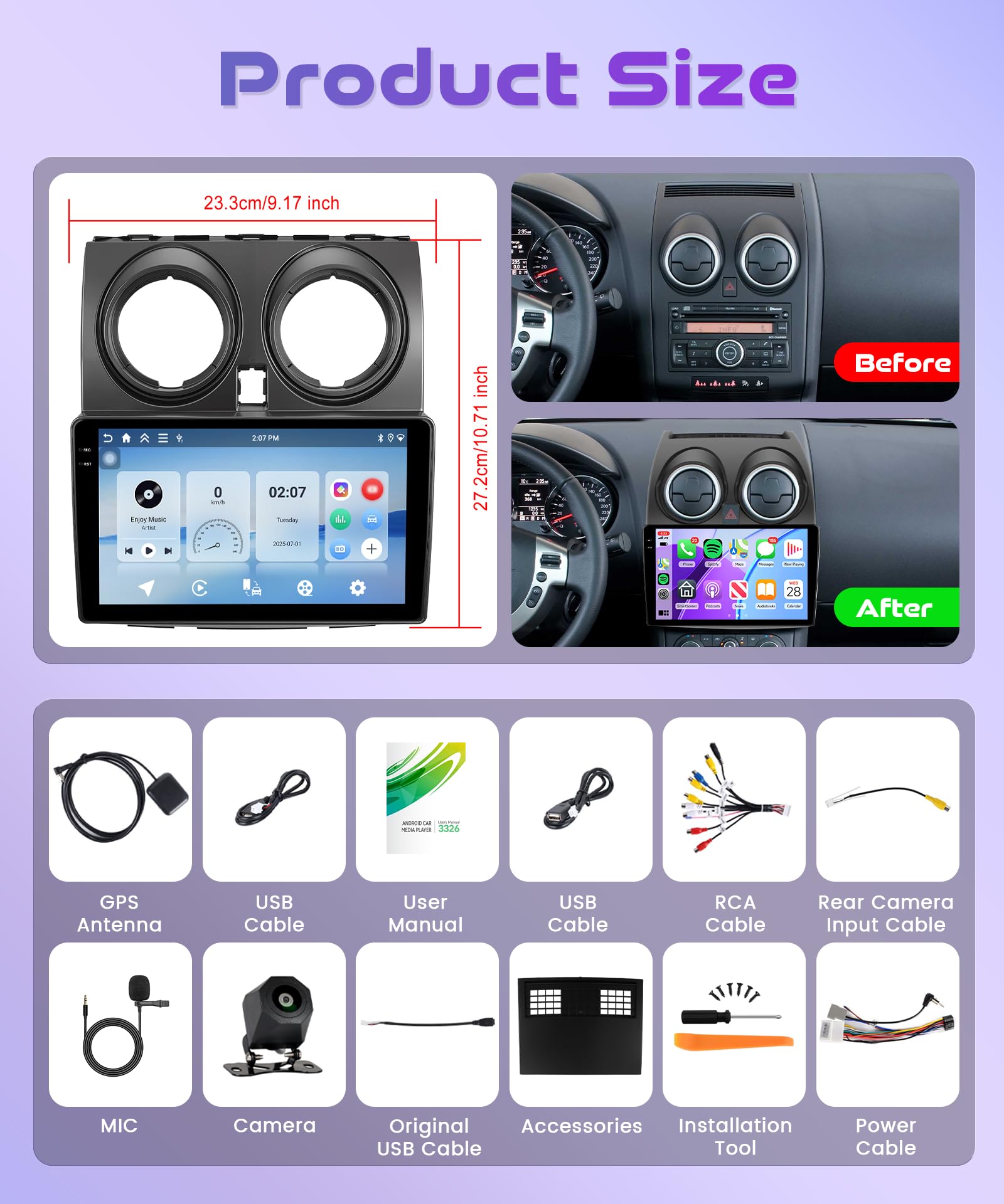 4G+128G Wireless Carplay Android Autoradio per Nissan Qashqai J10 2006-2016 9 Pollici Incell Schermo Autoradio con Android Auto GPS Navi WiFi Bluetooth Mirror Link FM/RDS EQ/SWC Telecamera Posteriore