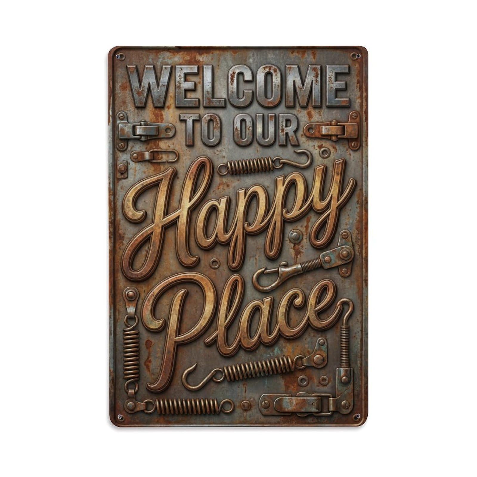 Welcome To Our Happy Place Vintage Clasp Maker Shop Metal Tin Sign Plaque Wall Decor for Cafe, Club Bar, Office, Home Garden Metal Poster 8x12Inch