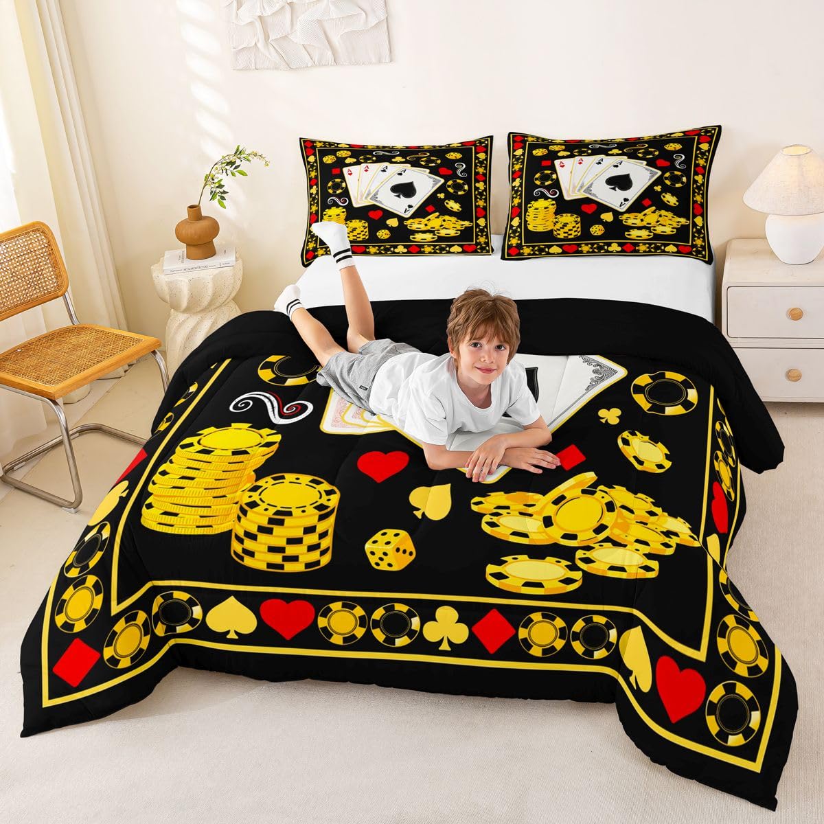 Homewish Poker Casino Vintage zestaw pościeli King Size - gra karciana retro zestaw pościeli poker gra żetony zestaw kołdry - czarny złoty retro bez przykrycia kołdra z 2 poszewkami na poduszki