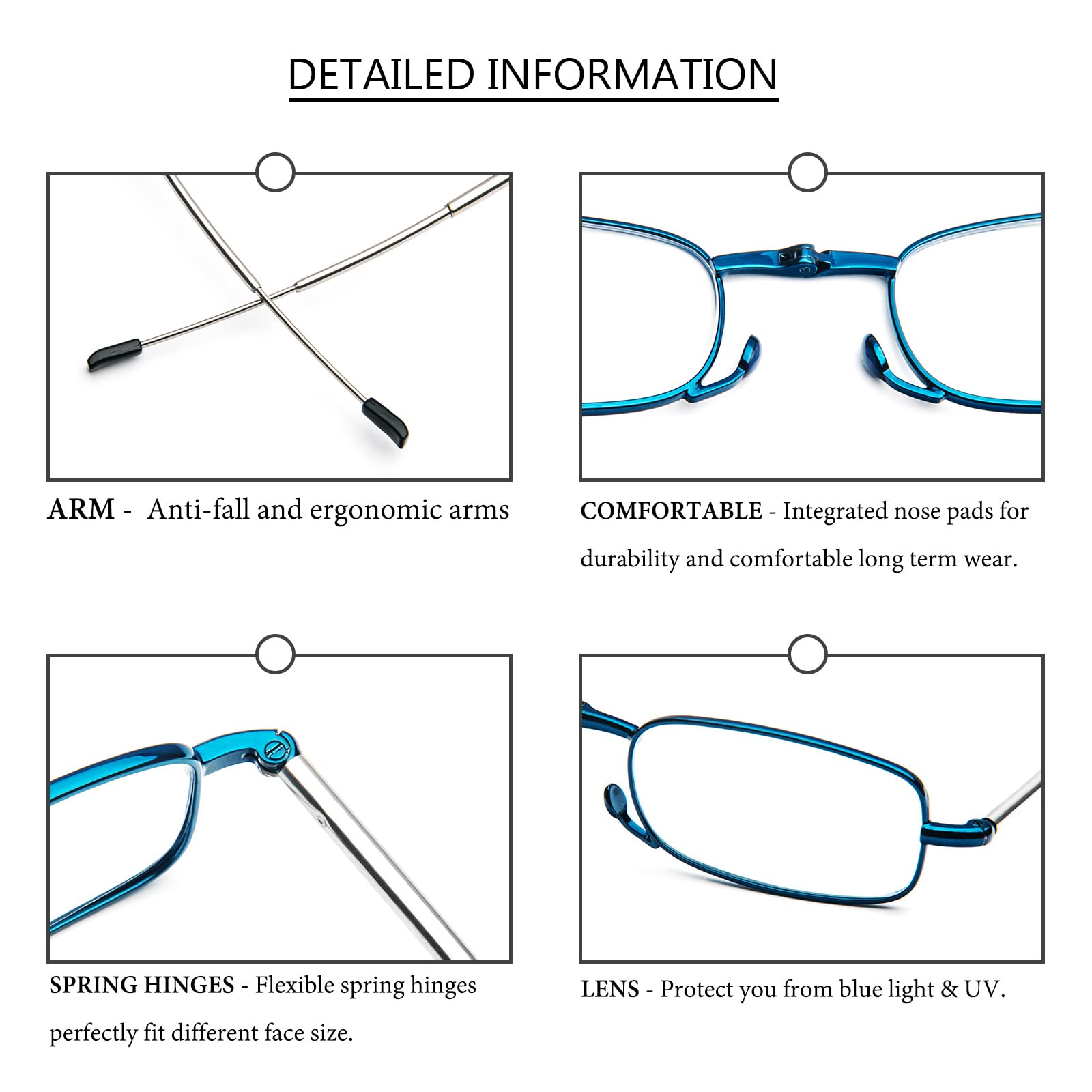 MMOWW Filtro de Luz Azul Gafas de Lectura Plegables Para Hombres y Mujeres con Varillas Telescópicas con Estuche Portátil (Azul, +2.0)