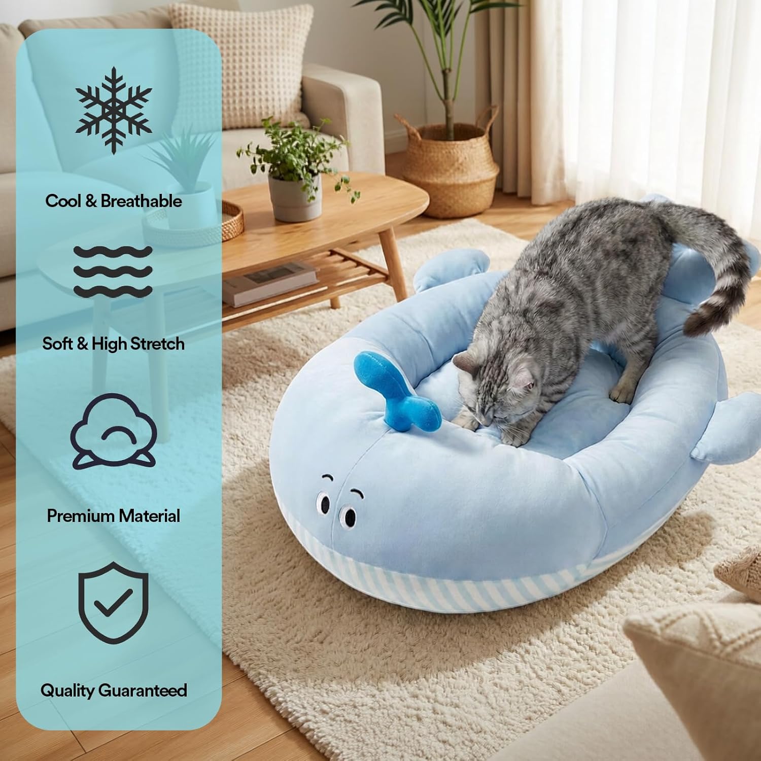 ZEZE Cooling Pet Bed for Cat and Dog, Bolster Bed, 29L x 17W x 8H inches, Small to Medium Breeds (0-50 Pounds), Polyester Fill, Blue, Whale-Shaped