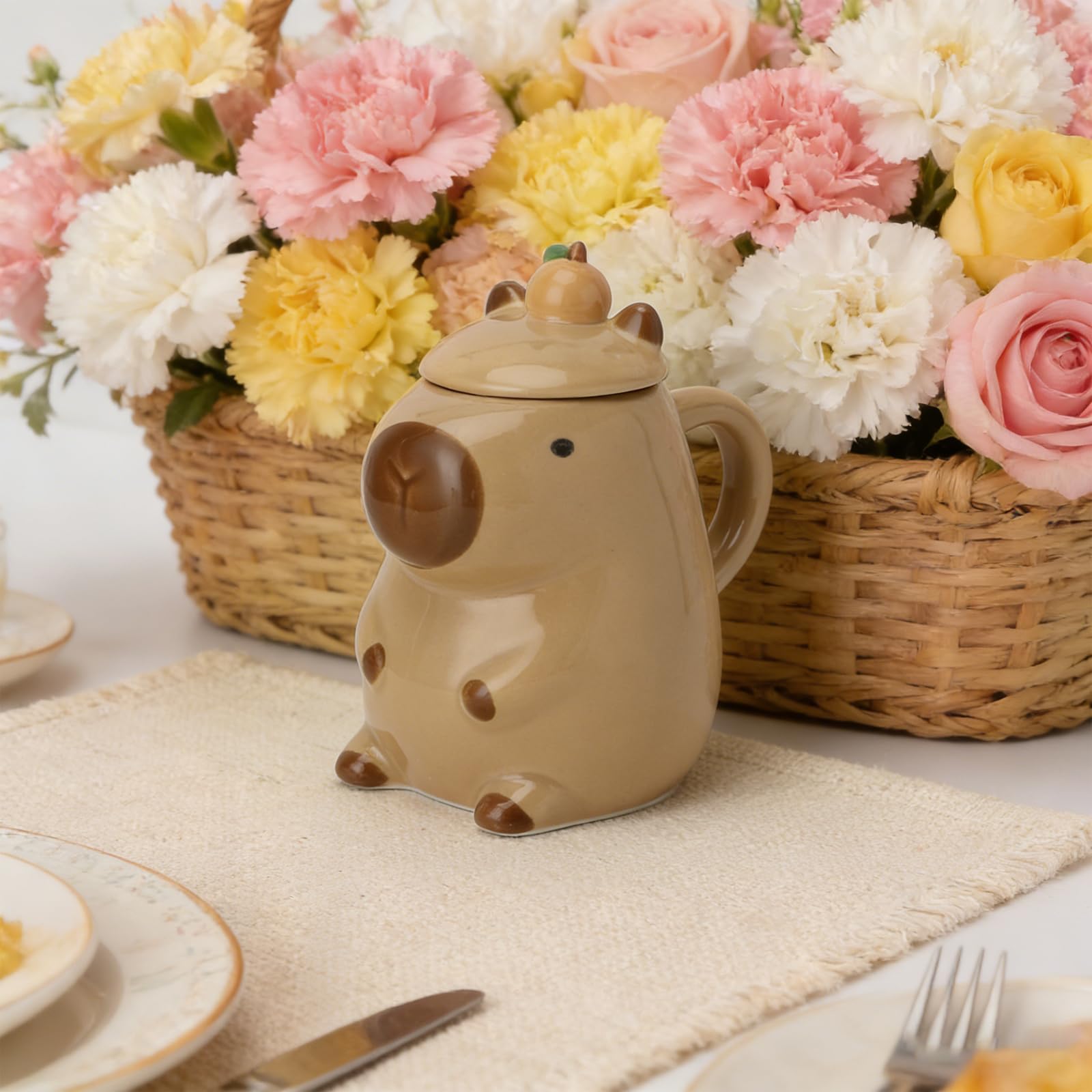 Capybara Filiżanka ceramiczna 450 ml – słodka świnka wodna, filiżanka do kawy z łyżeczką, duży kubek Capybara do kawy i herbaty, uroczy kubek ze zwierzętami do biura, pomysł na prezent dla
