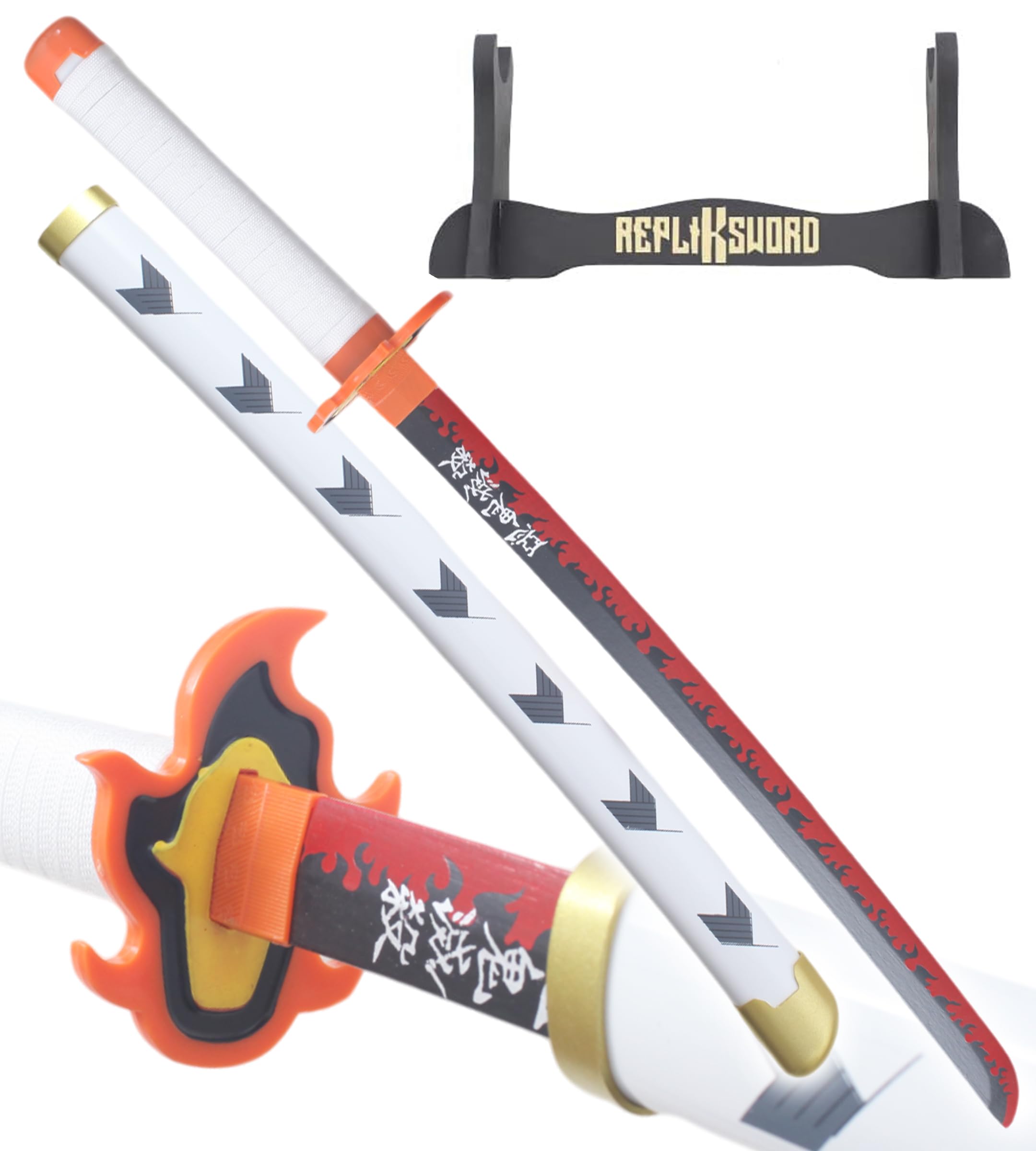 REPLIKSWORD Katana en Bois Lame en Bois - 80cm - Demon Slayer Kyojuro Rengoku Cosplay - Pour Enfants à partir de 8 ans - Unisex