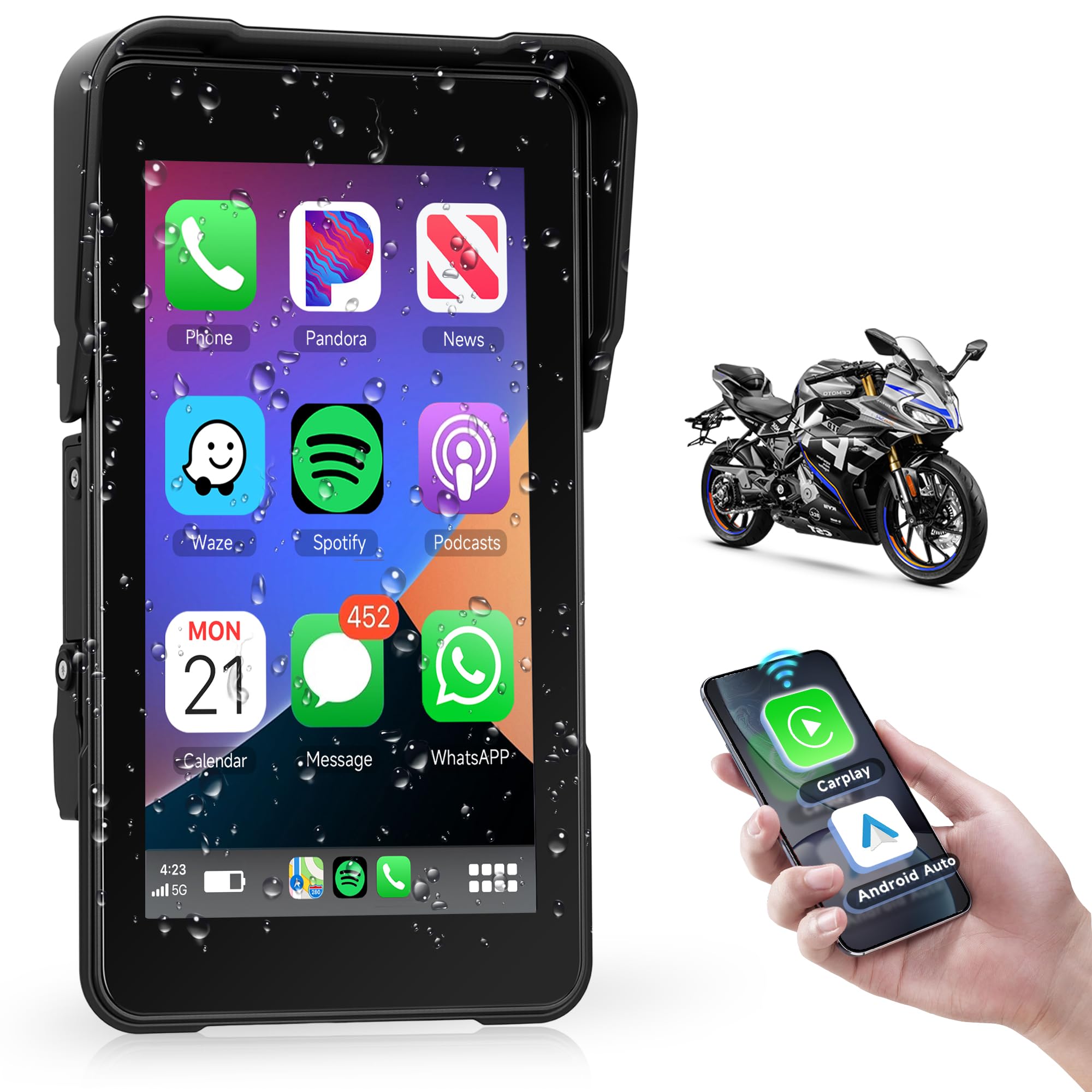 VECHTEL Wireless CarPlay da 5 pollici verticale Schermo per moto CarPlay Android Auto,touchscreen impermeabile Bluetooth,Nav/Assistente Siri/12V,il monitoraggio della pressione dei pneumatici