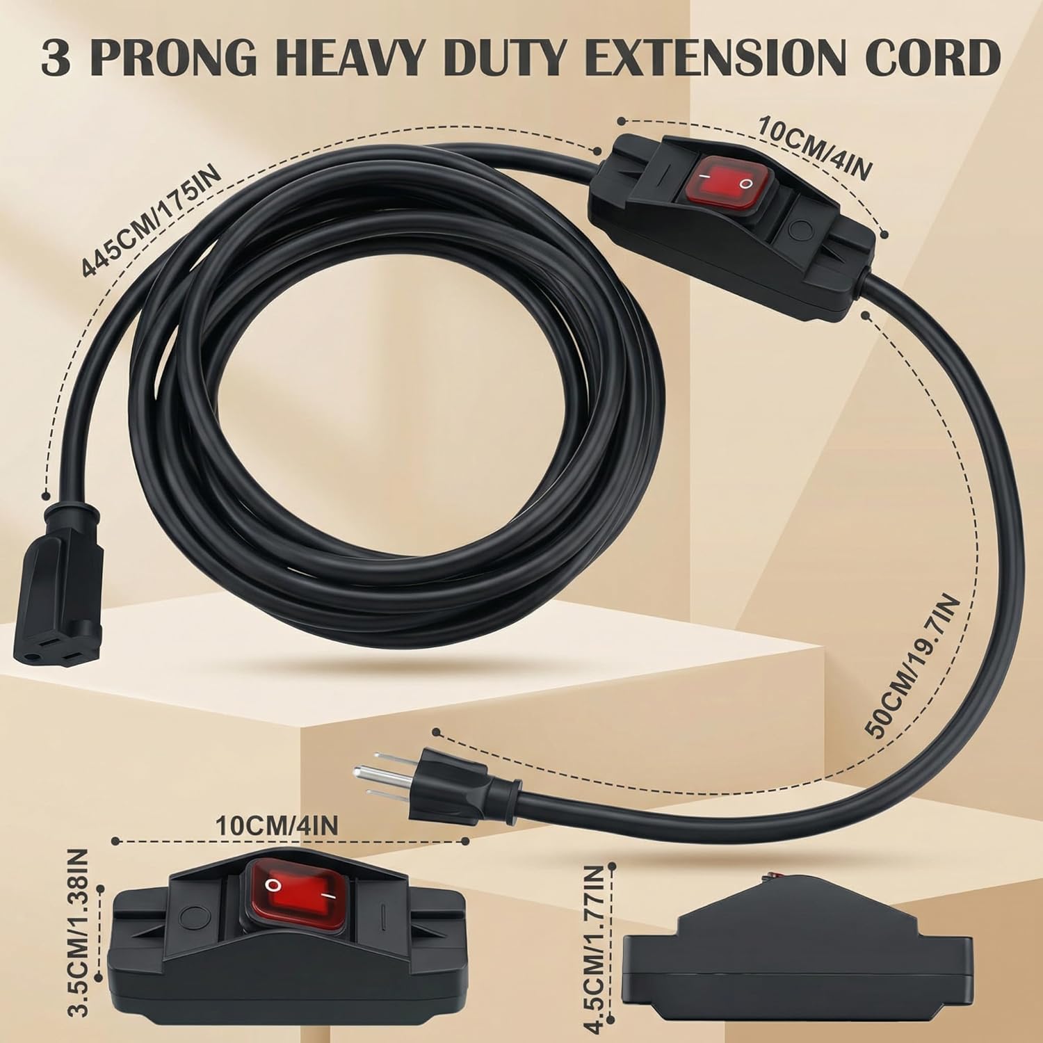 Weewooday 3 Prong Outdoor Extension Cord with Waterproof Switch 1875W Heavy Duty 14/3 SJT Cable Inline On/Off 15A 125V Grounded Outlets Plugs for Appliances (Black, 16.5 ft), (HU-XI-89)