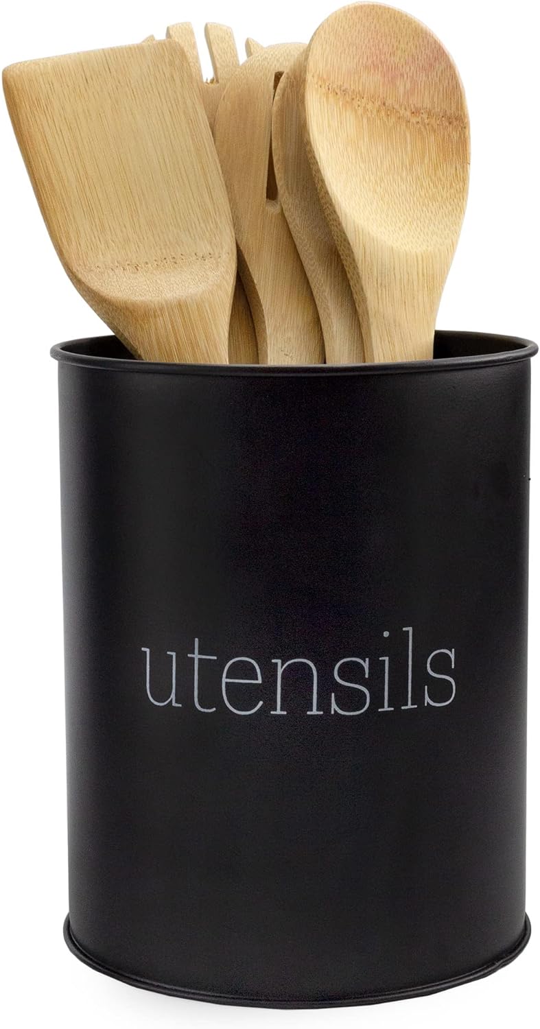 AuldHome Metal Utensil Holder (Black), Enamel Classic Style