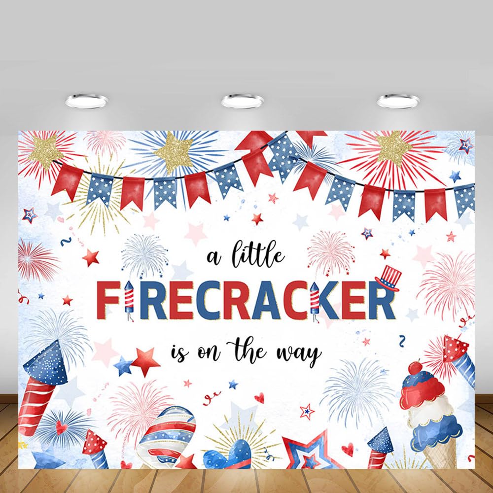 MEHOFOND Red White and Blue Glitter A Little Firecracker is On The Way Banner, Little Firecracker Baby Shower Decorations for 4th of July Baby Shower Party Backdrop 7x5ft