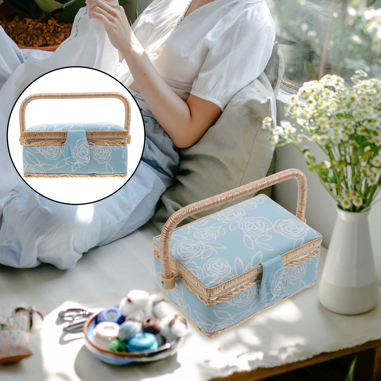 Caja Organizadora de Herramientas de Costura de Poliéster Caja Portátil para Hilo y Aguja Cesta Versátil de Almacenamiento para Costura en Hogar Color Azul Claro Diseño de
