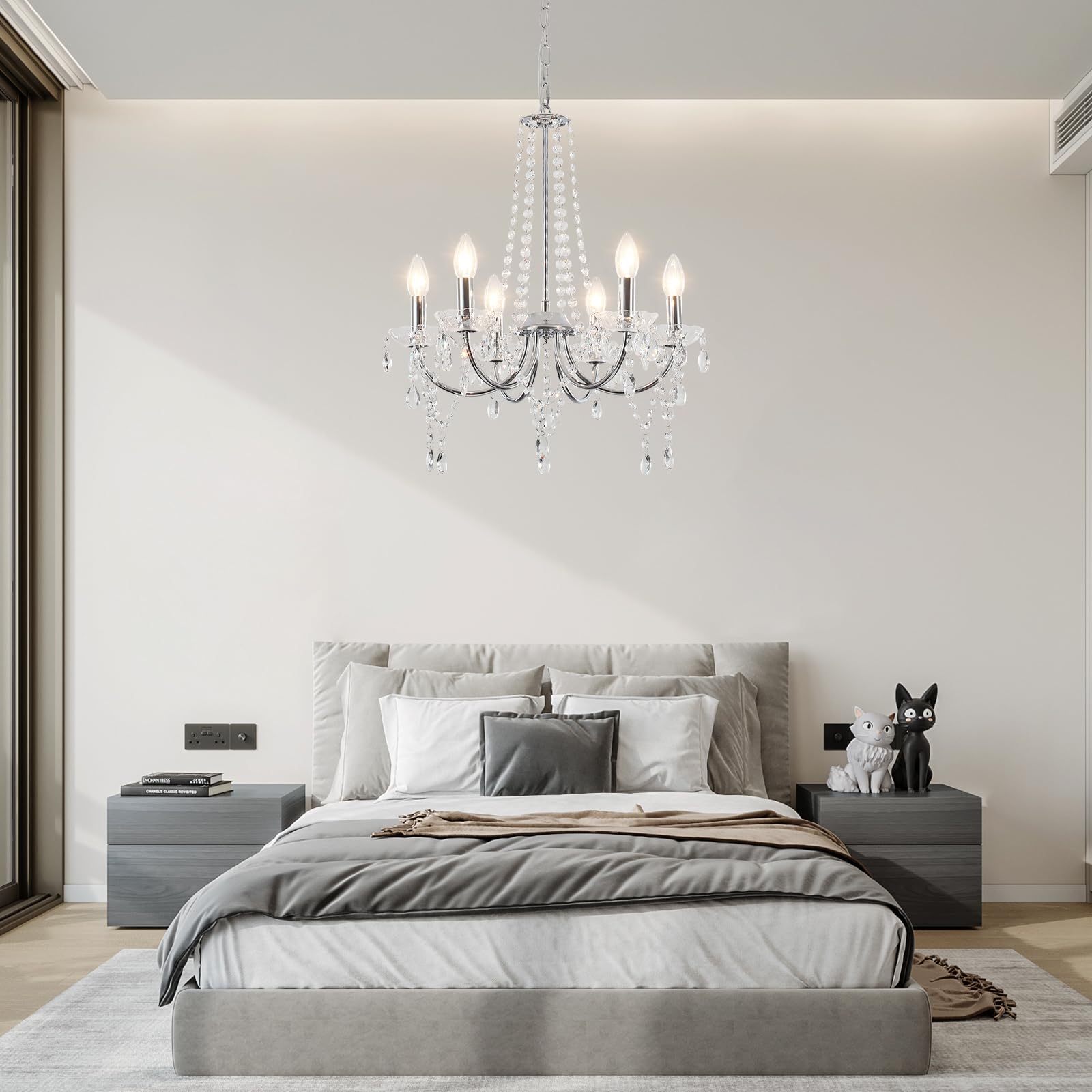 Modern Kronleuchter Kristall Silber 6 Flammig Kronleuchter Vintage Chrom | Hängeleuchte Kristall Hängelampe Vintage Pendelleuchte Esstisch Kristall Lampe Kronleuchter Wohnzimmer Schlafzimmer Esszimmer