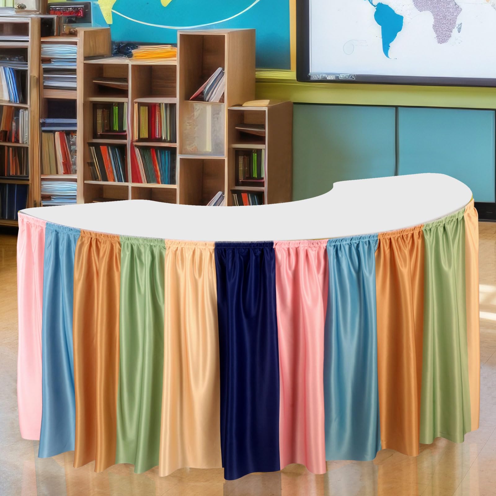 Oudain 14 ft Boho Colorful Table Skirt for Teacher Desk | Wrinkle Bohemia Table Cover Skirt for Kindergarten Classroom Kidney Shaped Desk Back to School Supplies
