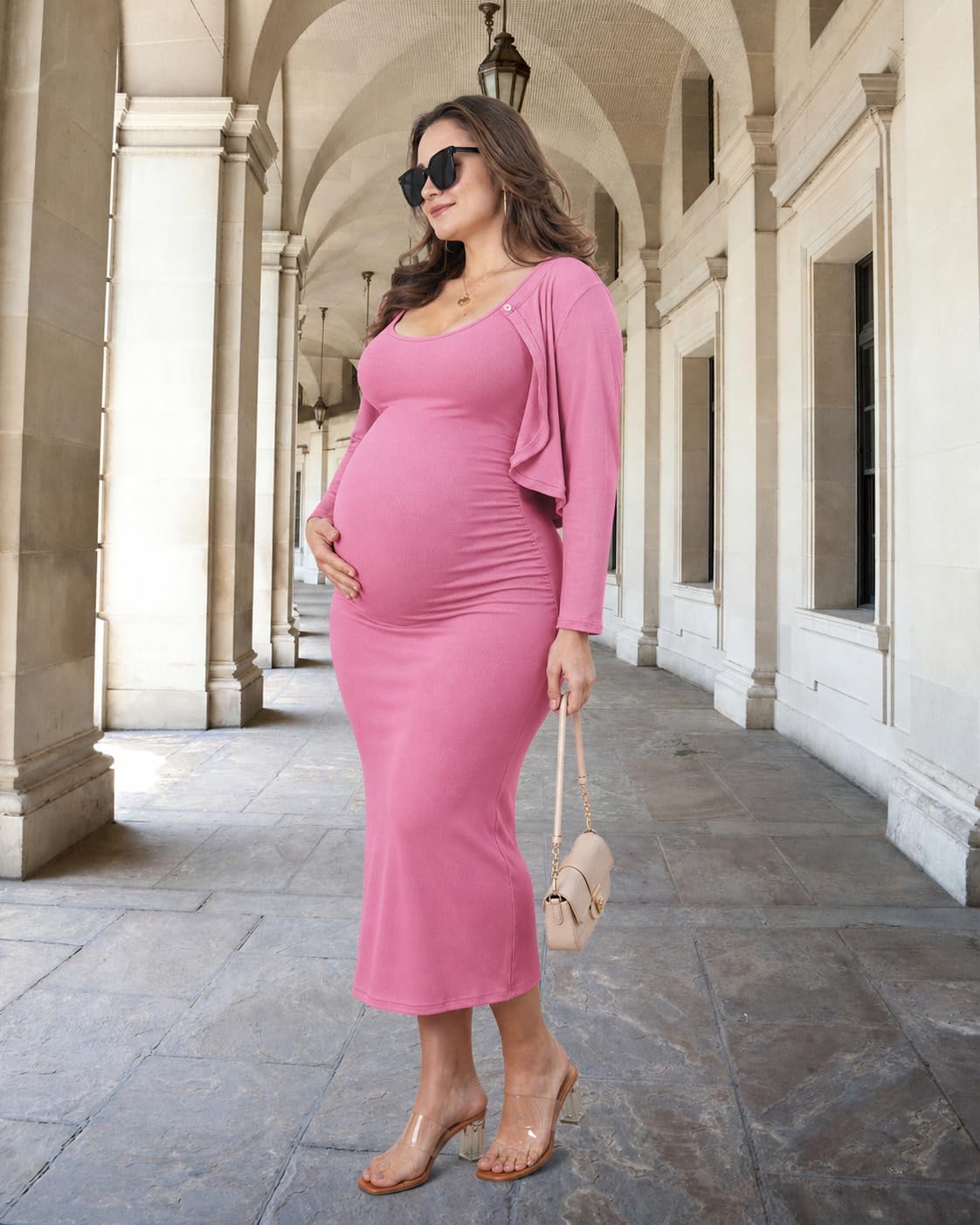 2 PCS Maternity Dress Short Cardigan Set Maxi Bodycon Formal Dresses Spring Summer Casual Baby Shower for Women