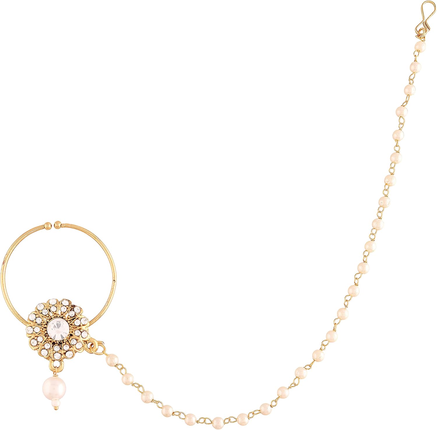 I Jewels 18k Gold Plated Indian Wedding Bollywood Ethnic Bridal Nose Ring/Nath without piercing with Pearl Chain Encased with Pearl Stone for Women/s (NL38)