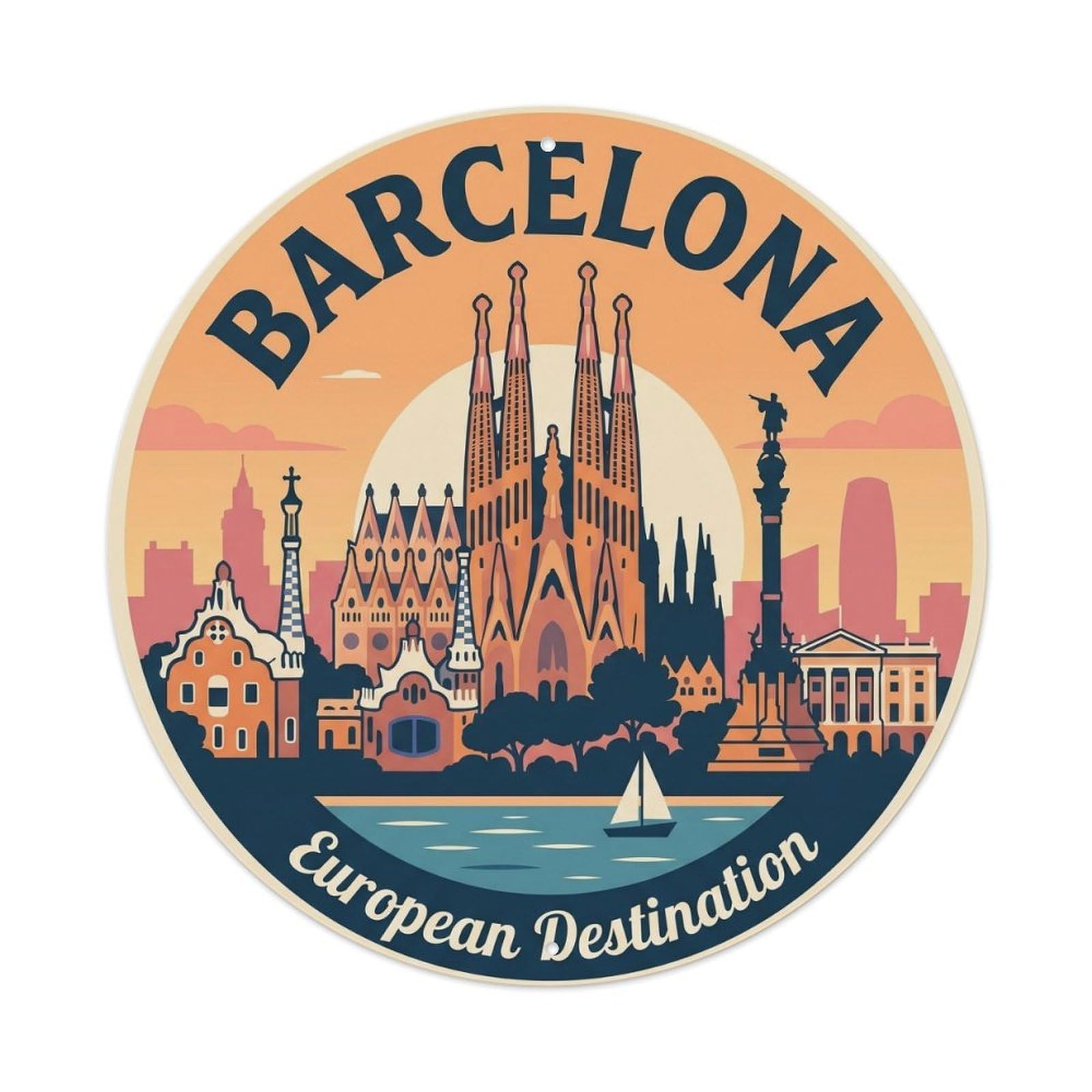 Vintage Travel Barcelona Skyline Panorama Destination Metal Tin Sign Plaque Wall Decor for Cafe, Club, Garden Round Metal Poster 8x8Inch