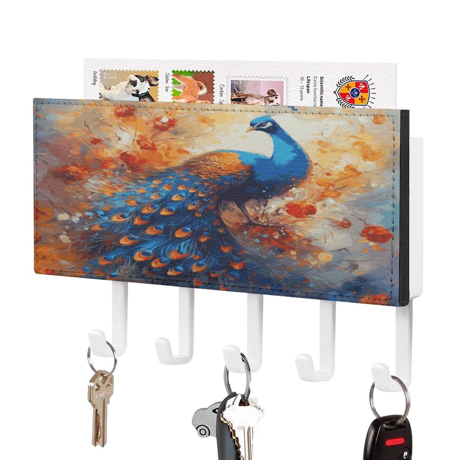 FekiLoot Peacock2 Key Holder for Wall Decorative Mail Organizer with 5 Key Hook Self Adhesive Key Rack with Tray Coat Rack Wall Mount Key Hanger Decor for Entryway Door