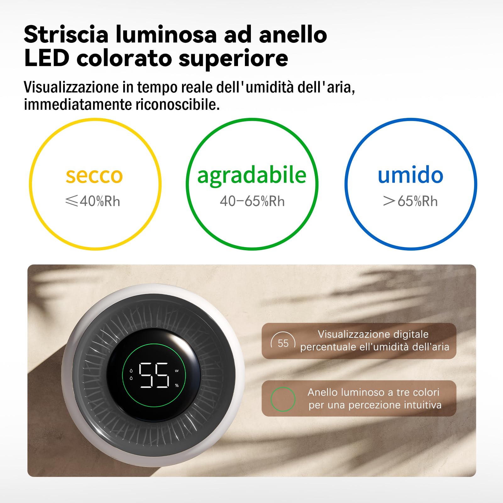 Umidificatore evaporativo a freddo, senza nebbia, senza nebbia, per chi soffre di allergie e incinte fino a 45 m², camera dei bambini, camera dei bambini, camera da letto, purificatore