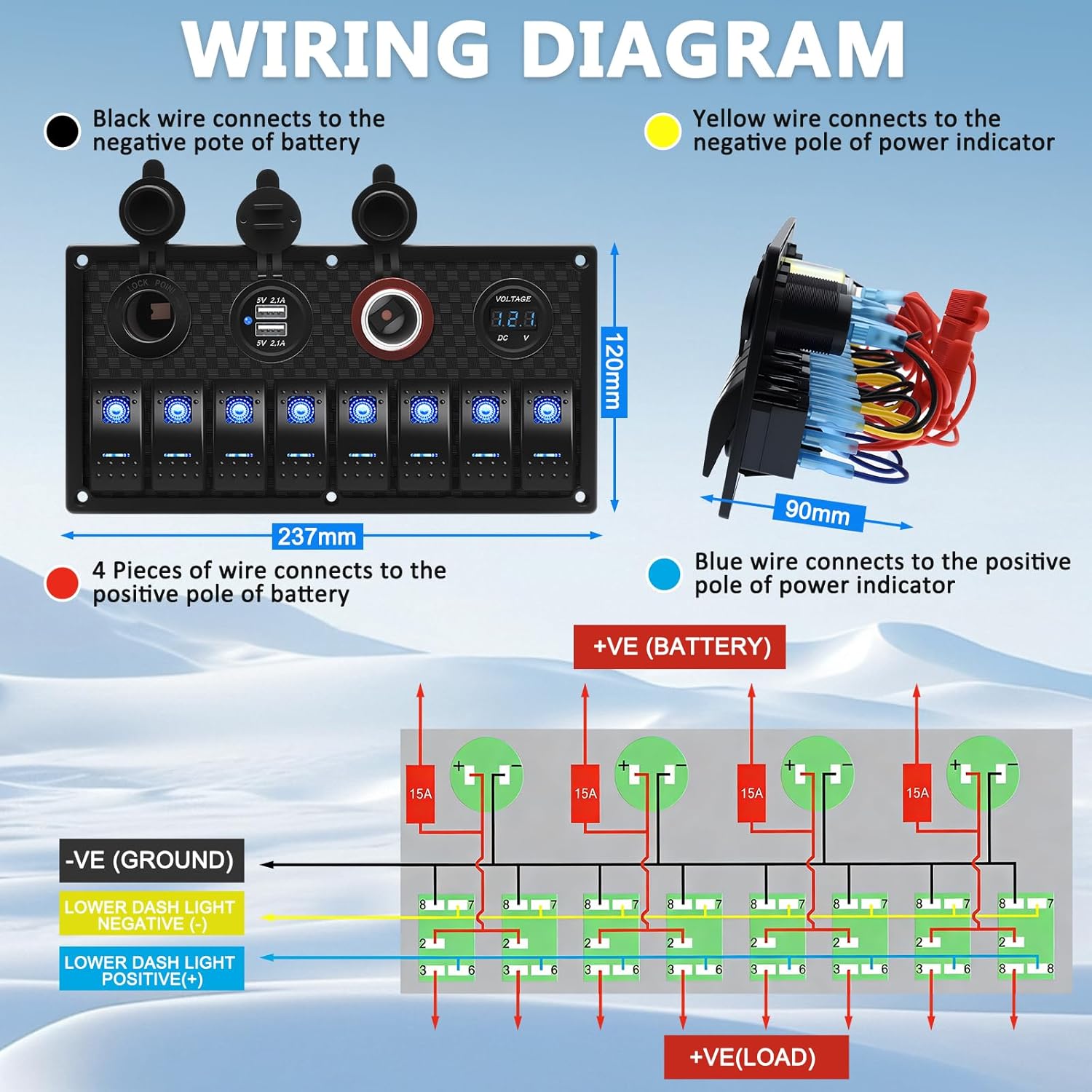 Geloo 8 Gang Marine Rocker Switch Panel, Boat Switch Panel Waterproof, 12V Switch Panel Toggle Switches Panel with LED Circuit Breaker 3.1A USB Charger Voltmeter ON/Off for Car Rvs Vehicles (Blue)