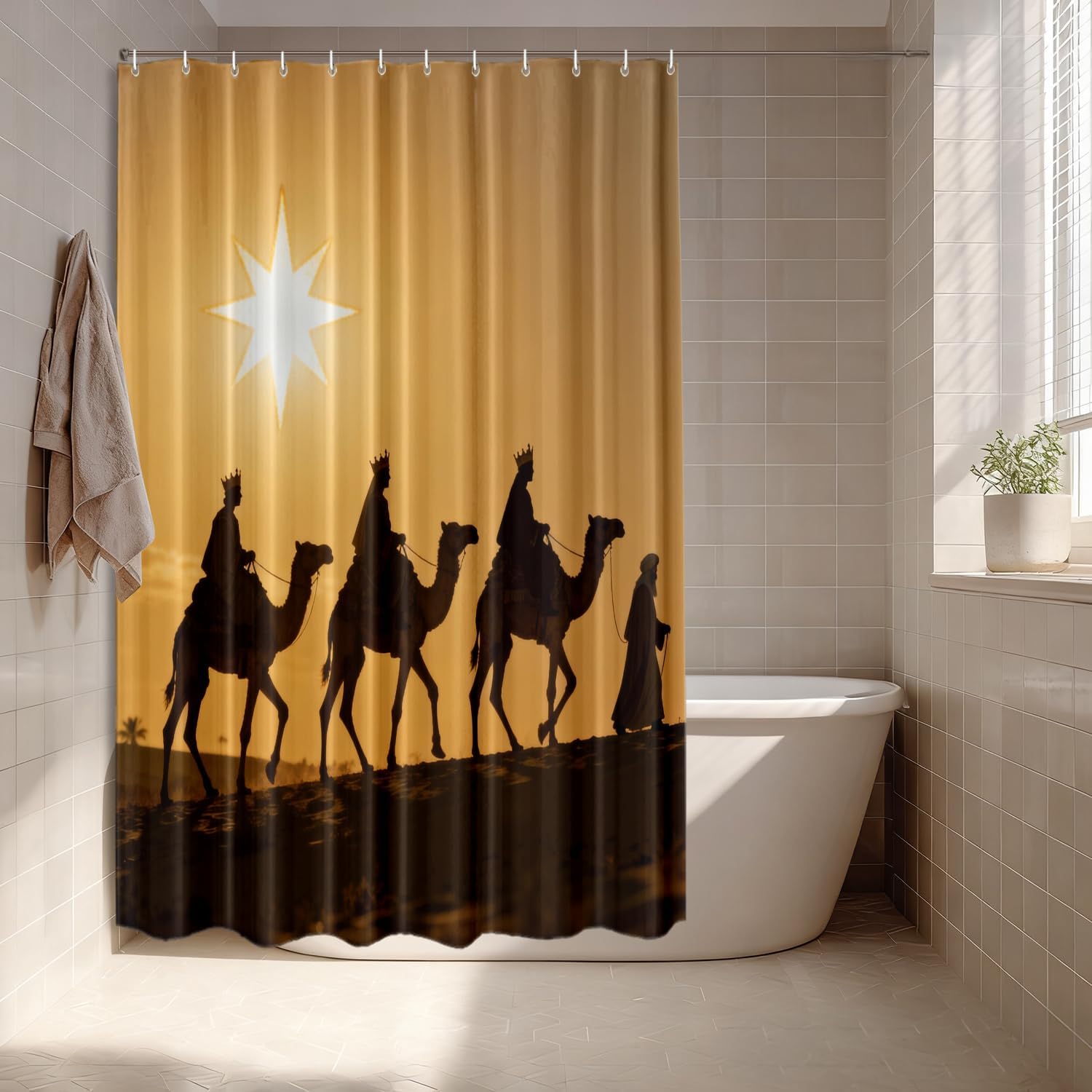 Batmerry Yellow Christian Three Wise Men Decor Shower Curtain, Black Religion Bathroom Decor Polyester Fiber Plastic Rings Quick-Drying Waterproof for Bathtubs/Bathroom, 72x60 inches