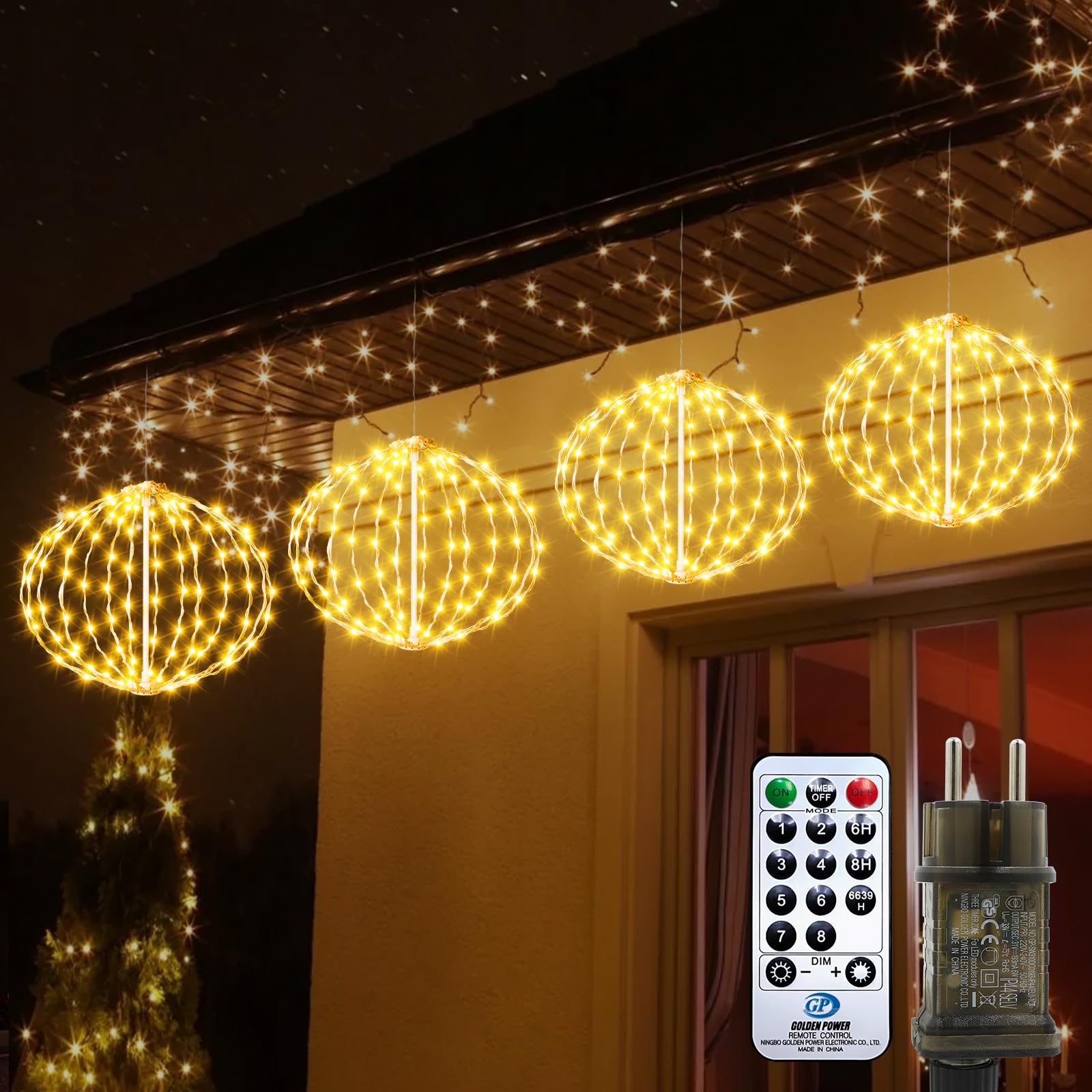 Auting Guirnalda Bolas Navidad LED Blanco Cálido 8 Modos 4 Piezas | Bolas colgantes extensibles de 20cm Ø para decoración llamativa, ideal para jardín, balcón e interiores