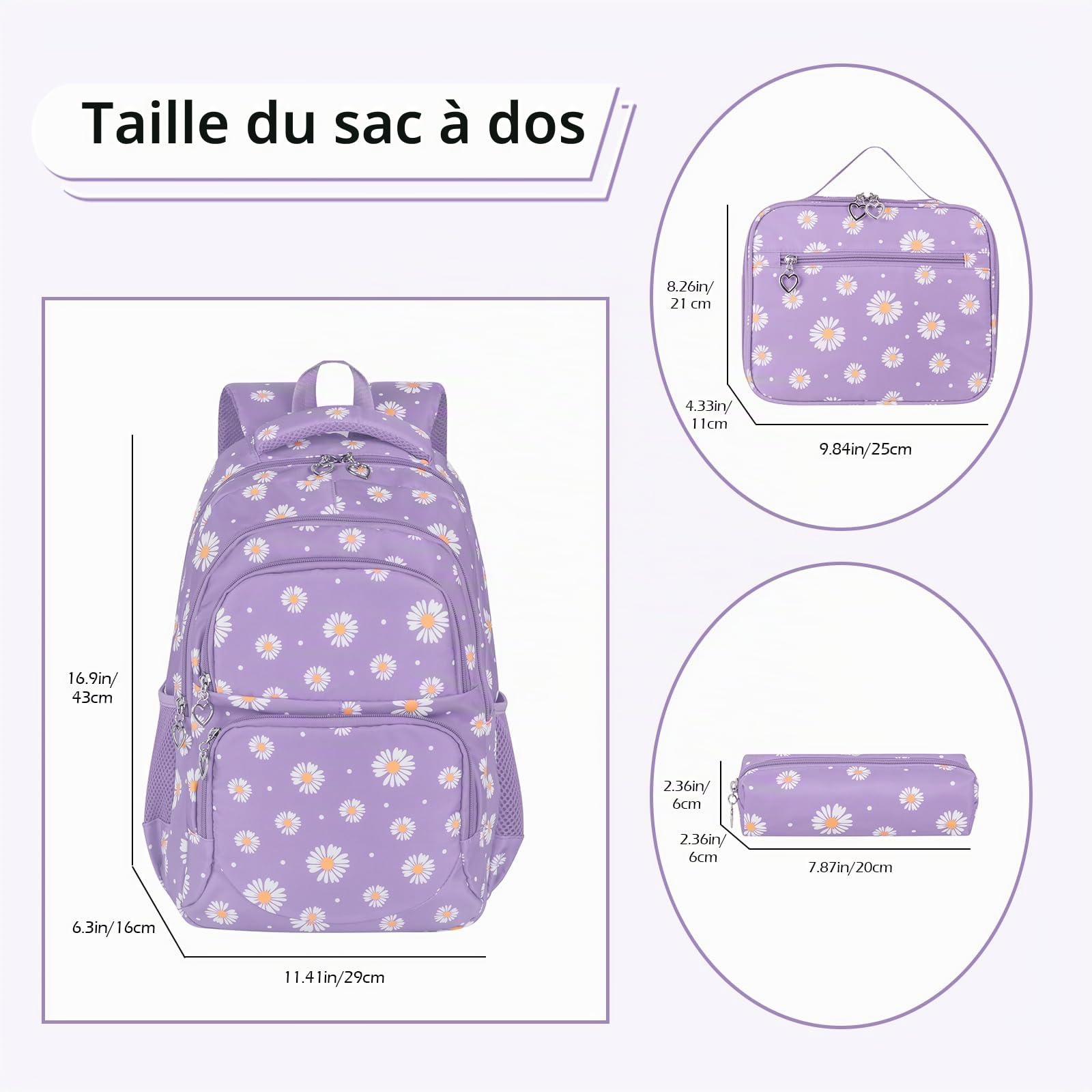 Ensemble de sac à dos d'école imprimé marguerite 3 pièces résistant à l'eau léger pour adolescents filles garçons