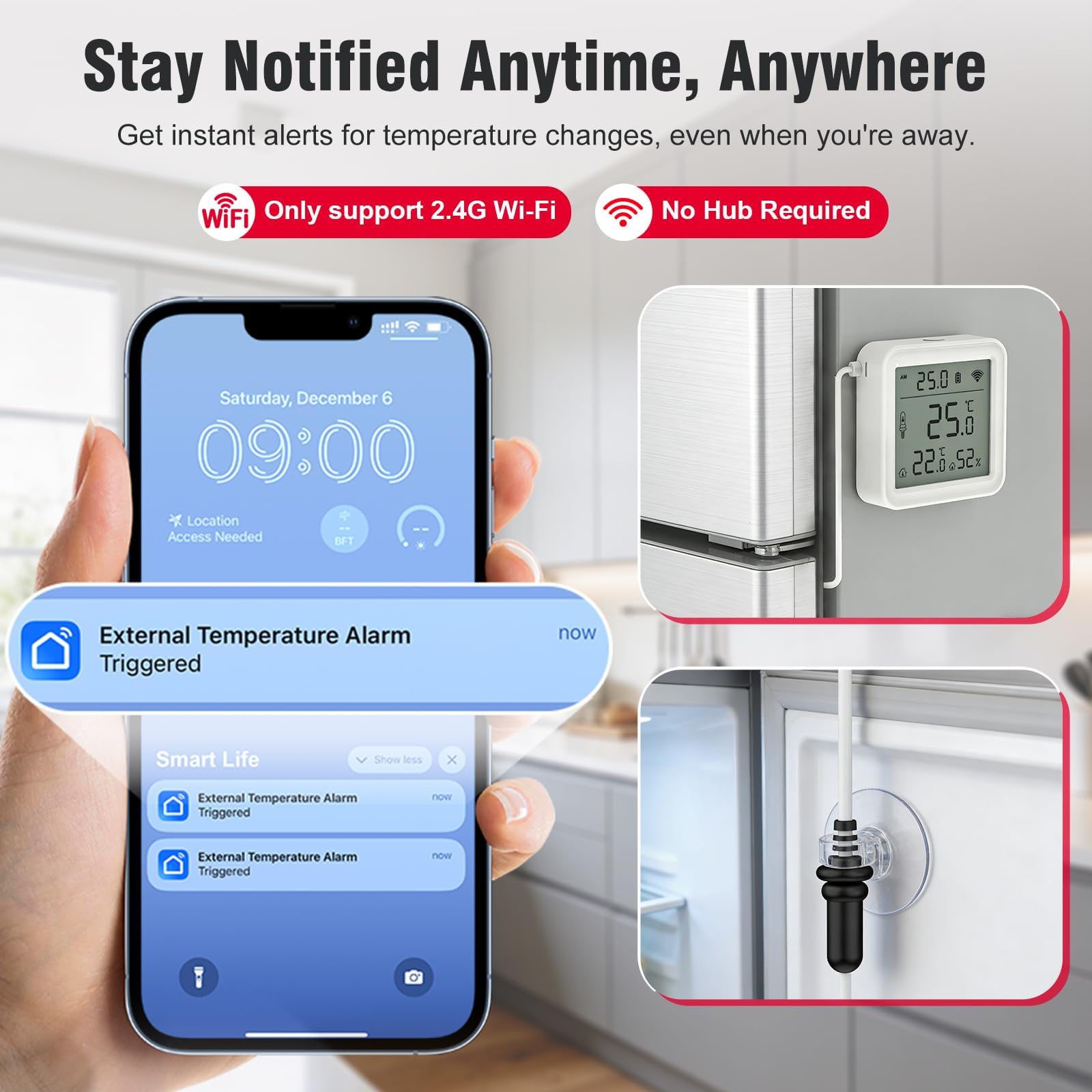 DAYTECH Termometro e igrometro WiFi intelligente per congelatore, allarme con temperatura ambiente e igrometro, avvisi app e display digitale, per casa/ristorante/ufficio, nessun hub richiesto, 2