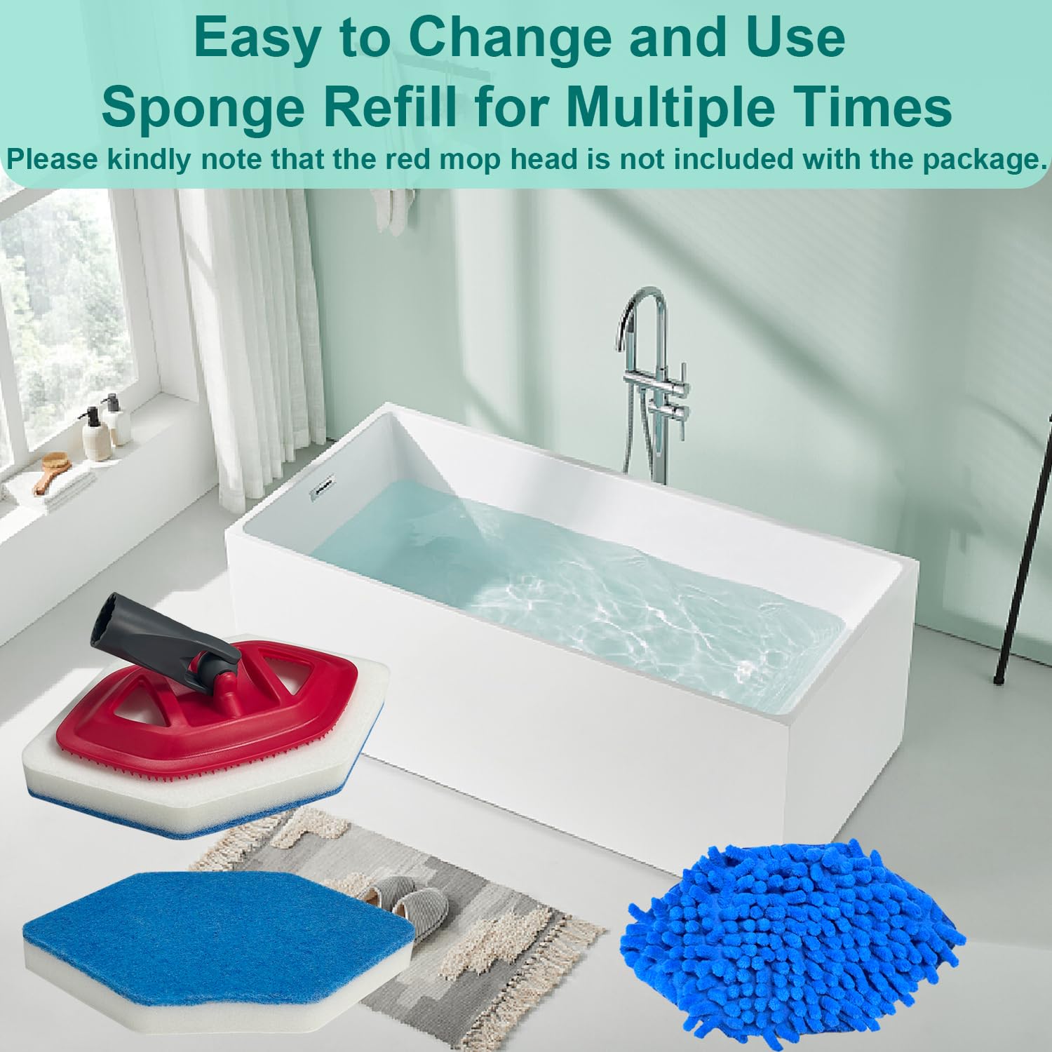 Lot de 4 têtes de balai de rechange et 4 têtes de rechange en éponge, compatibles avec la serpillère Vileda Bath Magic pour salle de bain et baignoire