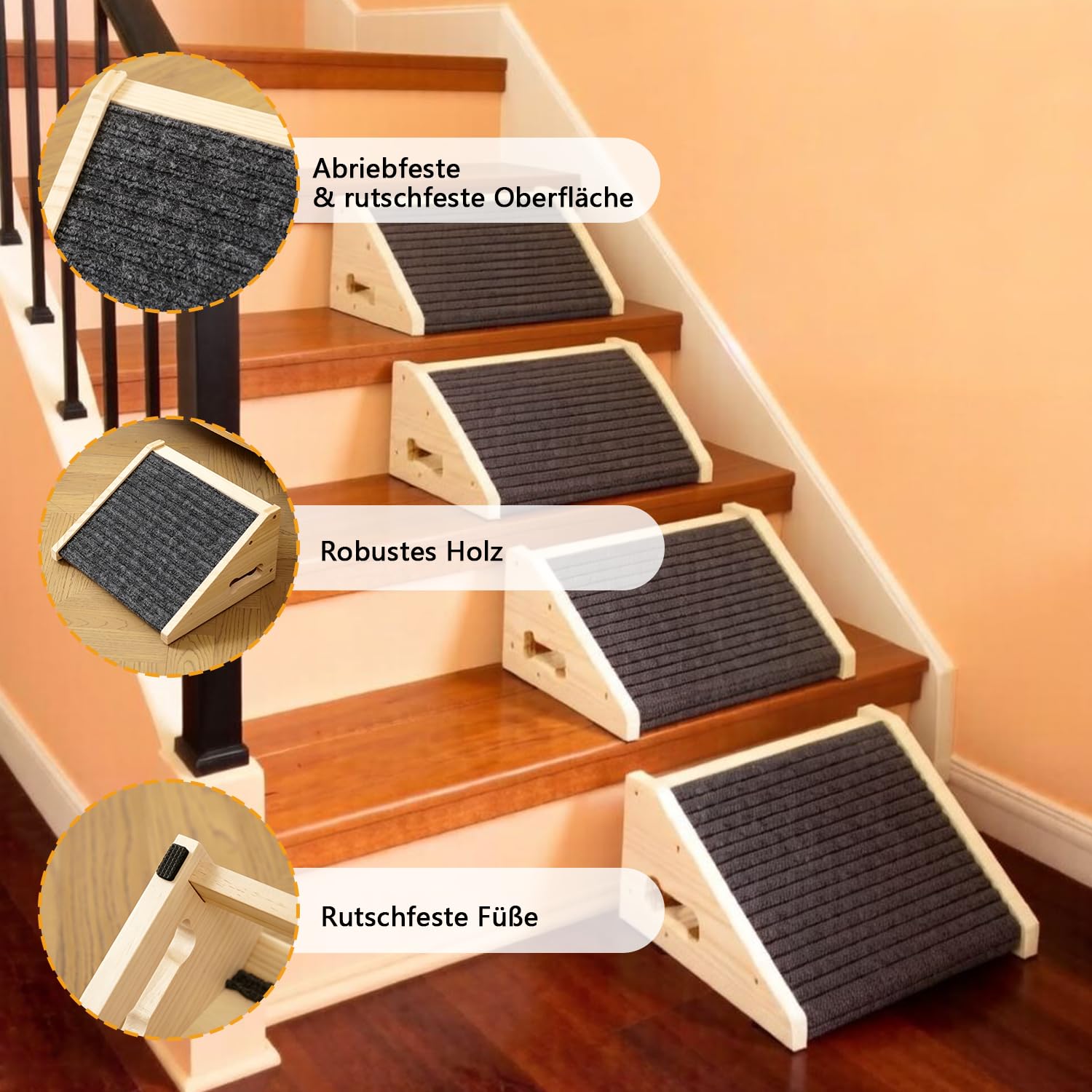 4 Stück Hunderampen für Treppen, Hundetreppe Holz mit Rutschfester Trittmatte, Treppenstufen Haustiertreppe für kleine Hunde und Katzen, Haustierstufen für ältere oder Verletzte Haustiere