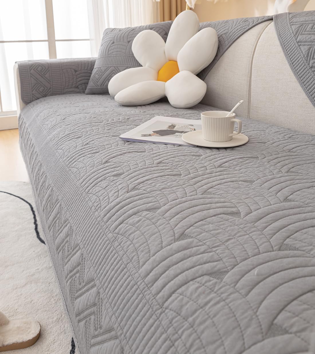vctops Solid Color Cotton Quilted Sofa Couch Cover Weave Pattern Soft Sectional Couch Covers Embroidery Non-Slip Sofa Slipcover for Dogs, Children, Pets Furniture Protector (Grey,28"x82")