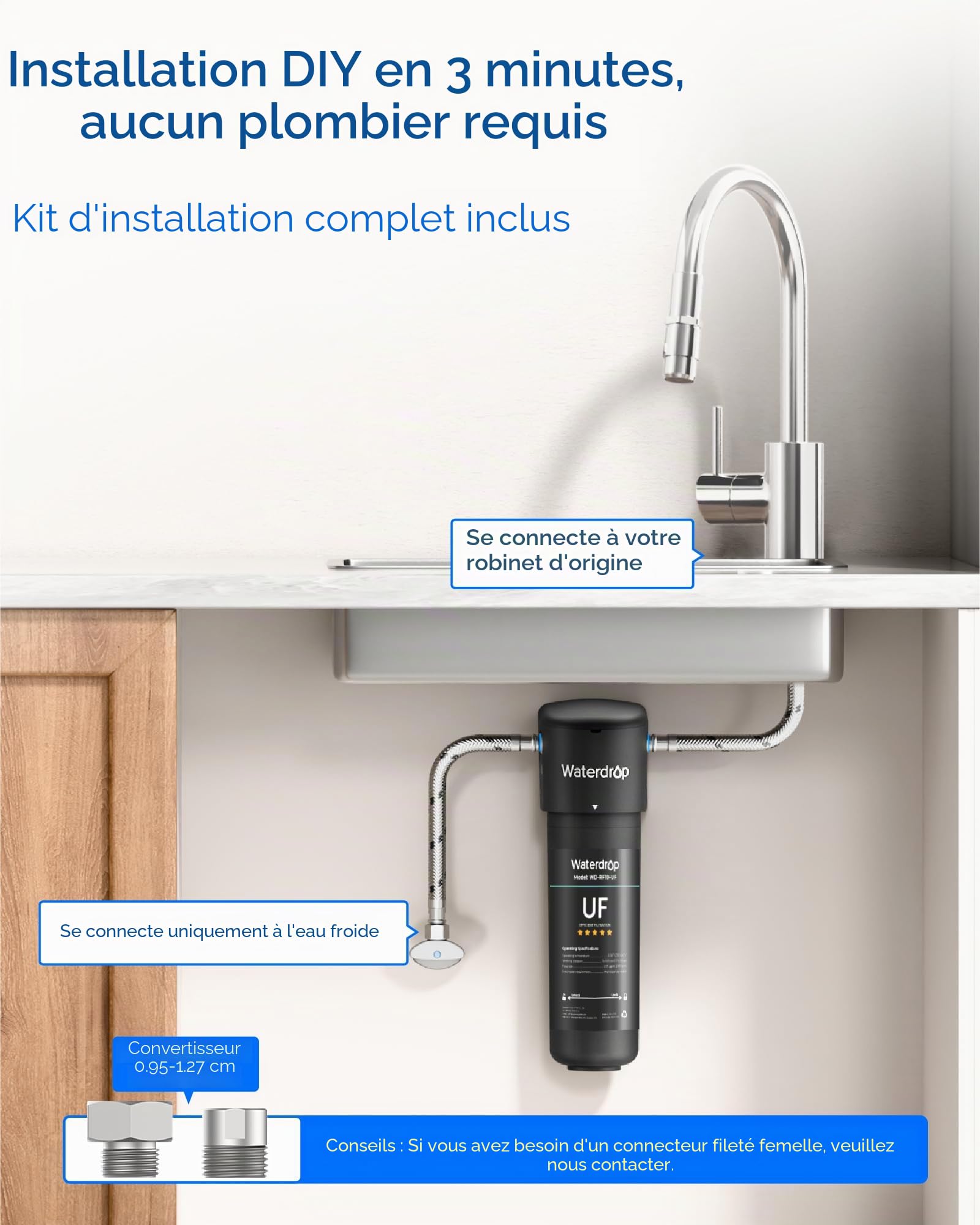 Waterdrop 10UA-UF Filtre à Eau 0.01 μm Sous Évier, Élimine le Plomb, le Chlore, les Odeurs et les Impuretés, Capacité du Filtre 41600 Litres, Connexion Directe au Robinet de Cuisine