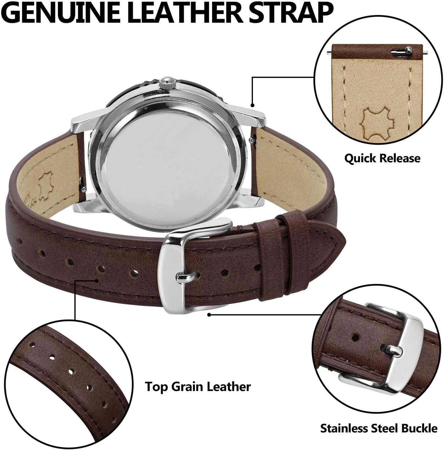 BISONSTRAP Elegant Leather Watch Straps, Quick Release, Watch Bands for Women and Men, 18mm, Dark Brown (Silver Buckle) - Image 4