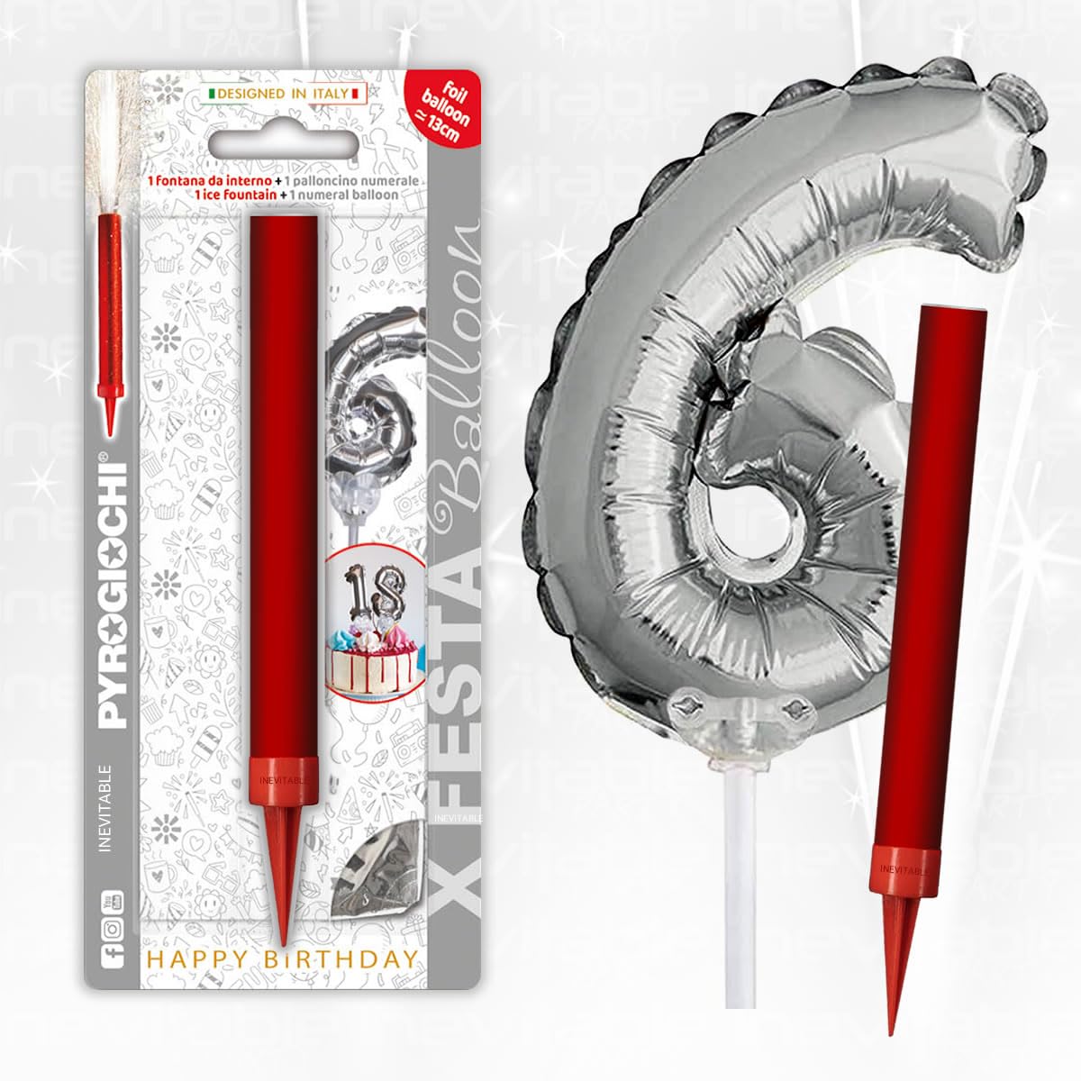 Birthday Cake Topper Decoration - 15cm Ice Founatin with 13cm Silver Number Balloon (6)