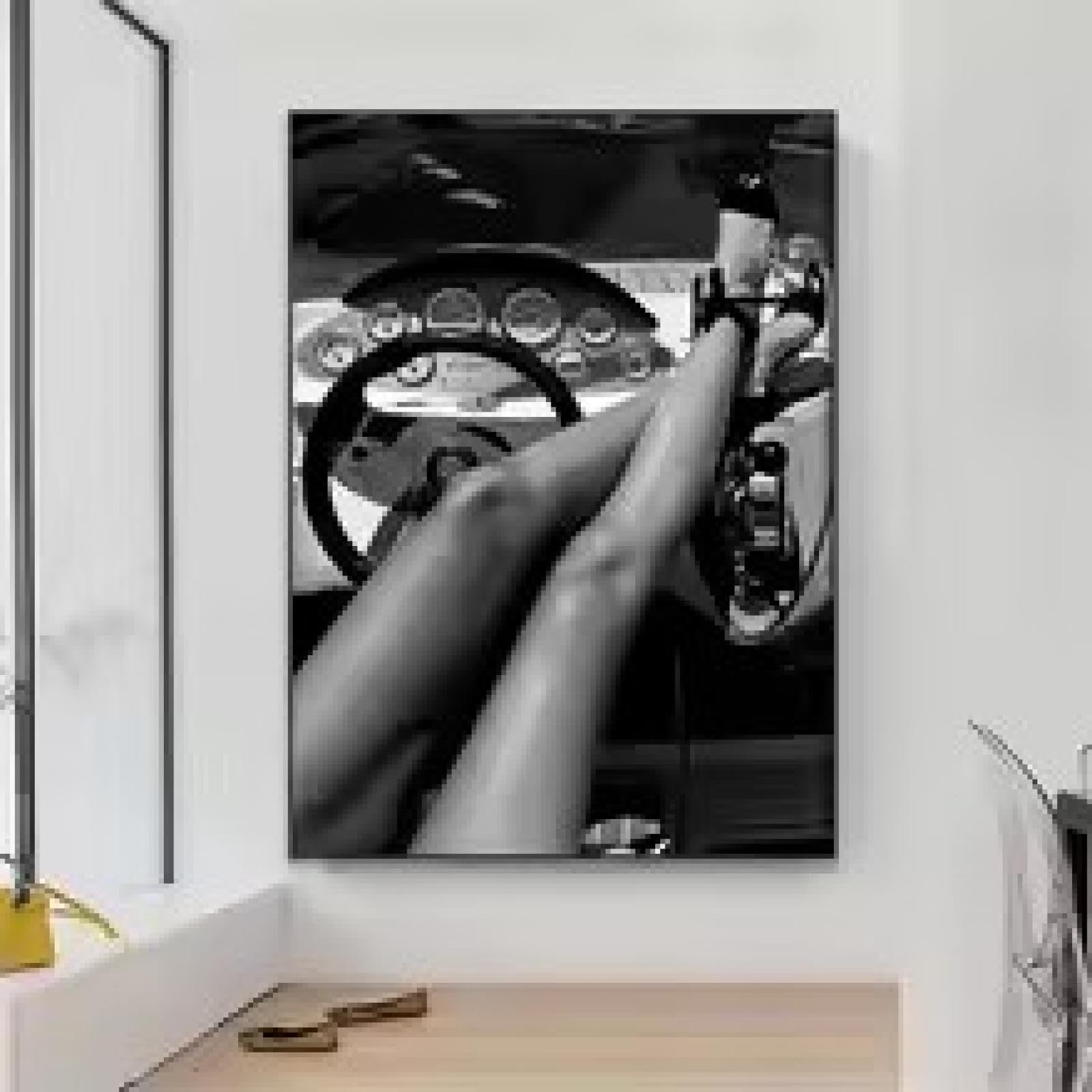 MAIMANG Moda kobieta plakat wysokie obcasy w klasycznym samochodzie nadruk czarno-biały sypialnia sztuka dziewczyny płótno farba dekoracja ścienna 70 x 100 cm bez ramy