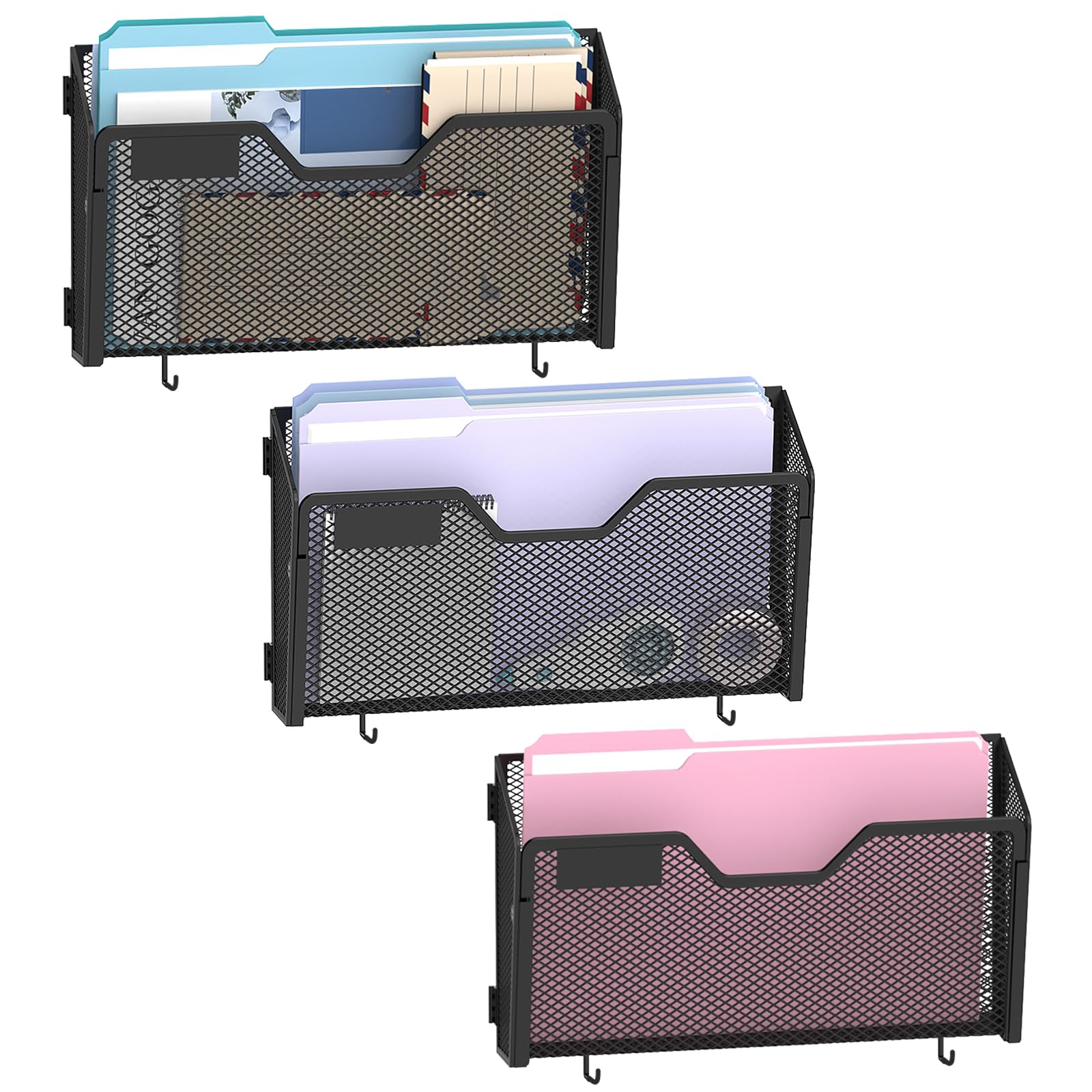 SUPEASY Porta documenti magnetico, confezione da 3 cartelle portadocumenti, in rete metallica, da appendere, con ganci adesivi, per casa e ufficio (con pannello per etichette)
