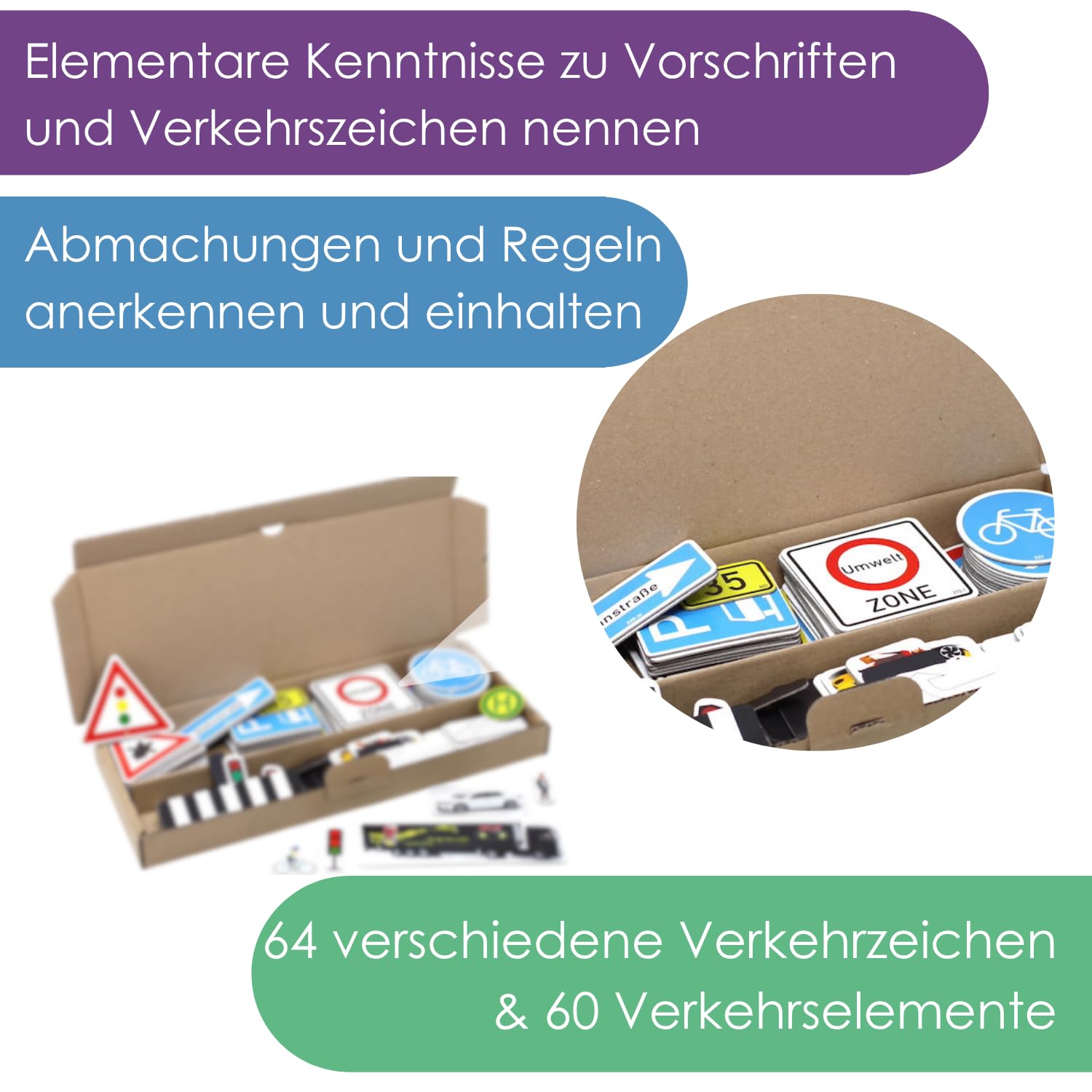 WISSNER® Magnetyczne znaki drogowe - 124-częściowy zestaw do nauki tabliczek drogowych dla dzieci z papieru MAG, wyprodukowano w Niemczech, znaki drogowe do zabawy dla dzieci