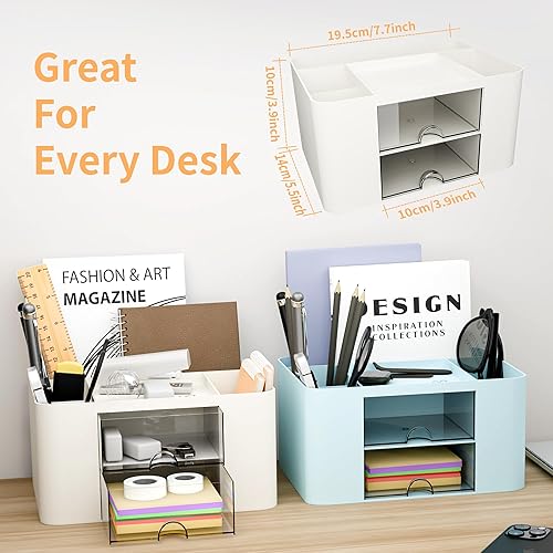 Miniatura 6 de Organizador de escritorio con 2 cajones, soporte multifuncional para lápices, organizadores de escritorio de plástico y almacenamiento con 5