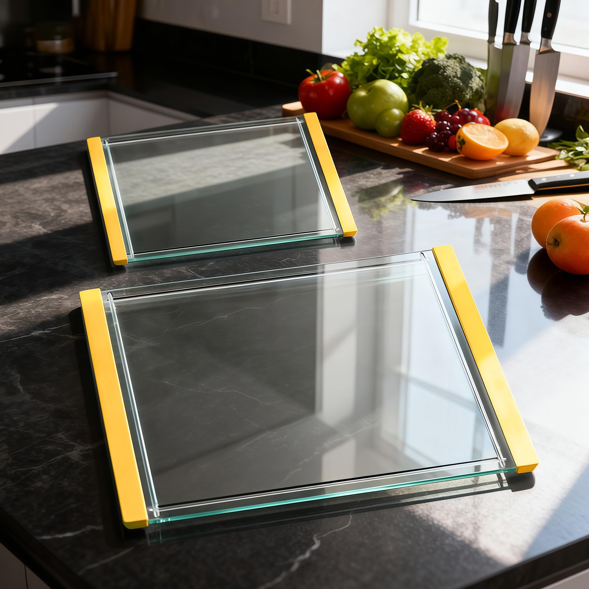 GlassCuisine Tempered Glass Cutting Board Set for Kitchen Counter - Dishwasher Safe with Juice Grooves, Non-Slip Silicone Edges & Beveled Grip - 16"x12" & 12"x8" Serving Tray (YELLOW)