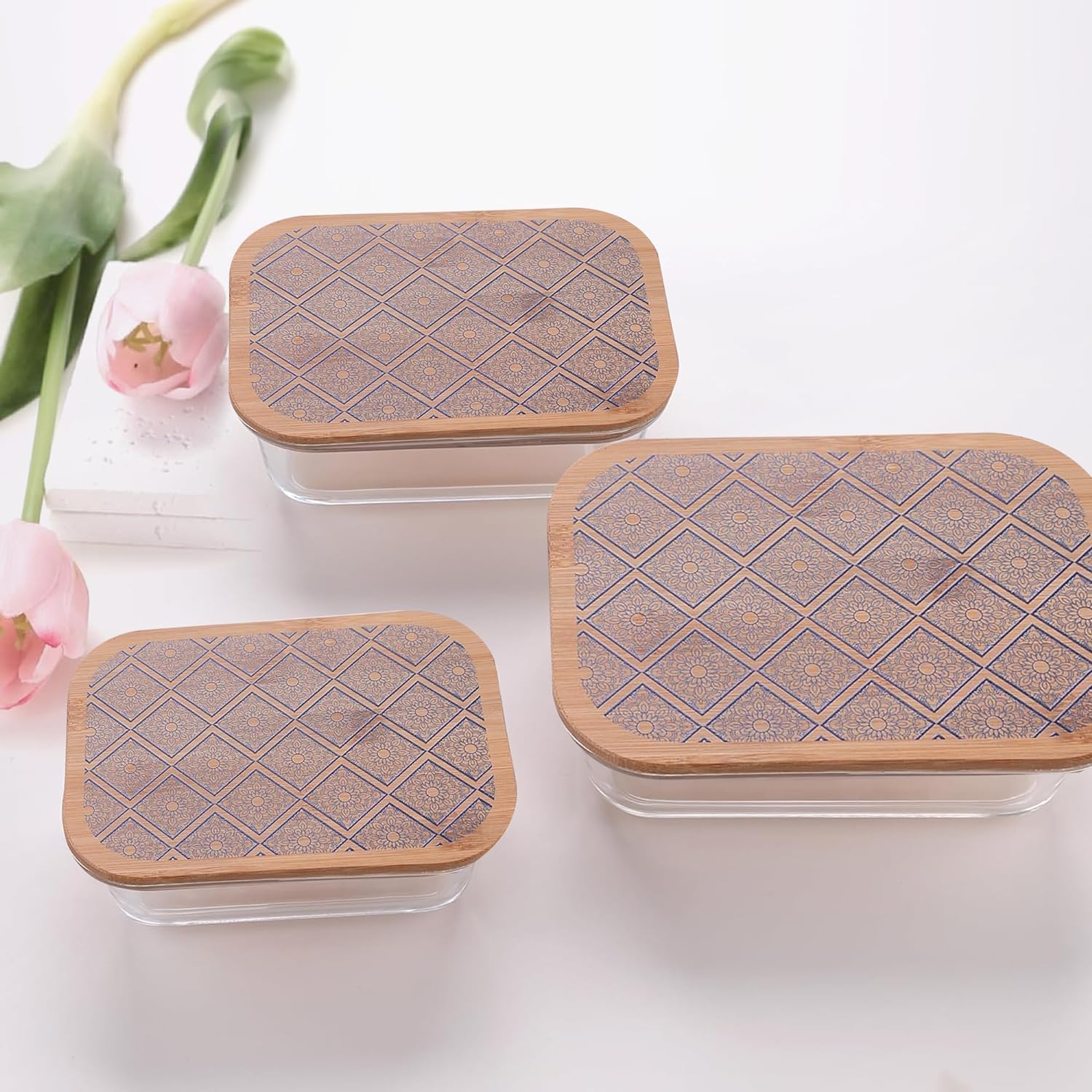 Kuber Industries Pack of 3 Borosilicate Glass Containers with Bamboo Lid | 370ml 640ml 1060ml | Airtight Rectangular Fridge Storage Boxes | Glass Jars for Cereal, Dry Fruits | Blue Pottery Print