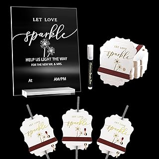 100 PCS Wedding Send-Off Tag with Acrylic Sign Board & Marker Set, “LET Love Sparkle” Rustic Wedding Wand Tag Decor, Cards with Match Striker Strip for Weddings Send-Off, Anniversary, Engagement Exit…